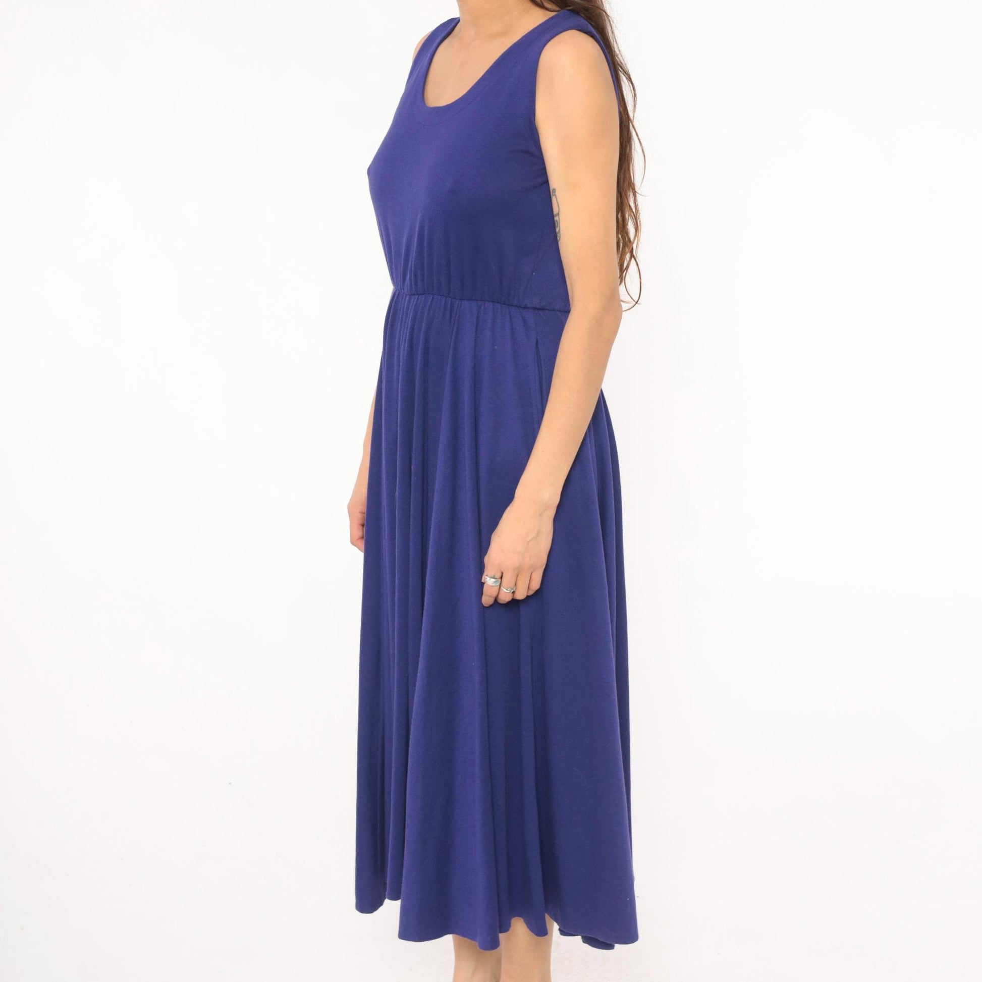 80s Rosemary Brantley Indigo Midi Sundress Scoop Neck Circle Skirt Large L