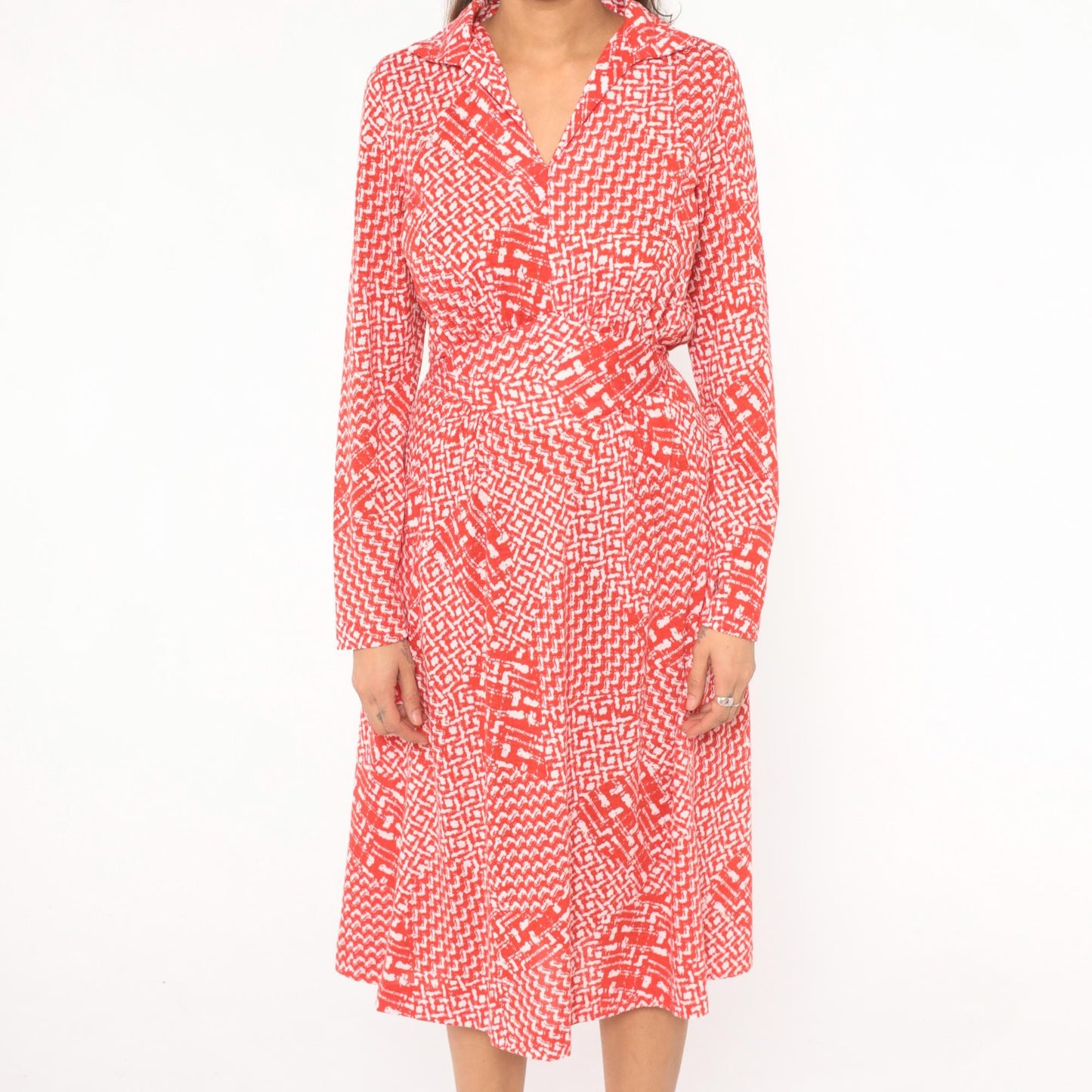 80s Tall Shop Red White Geometric Wrap Dress Knee Length Large L