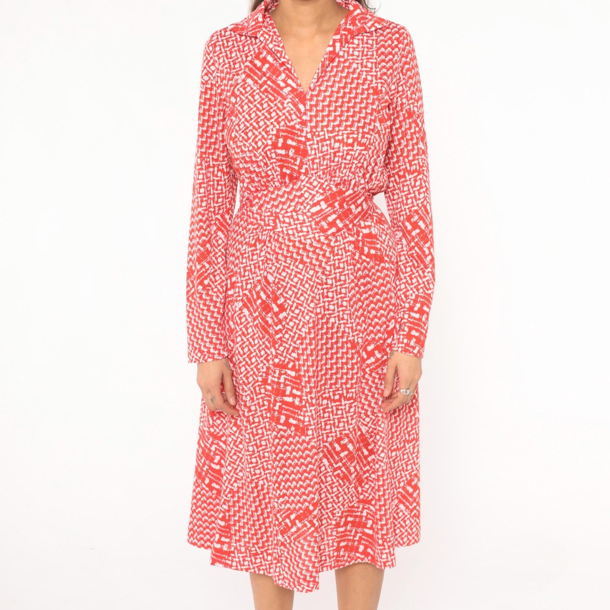 80s Tall Shop Red White Geometric Wrap Dress Knee Length Large L