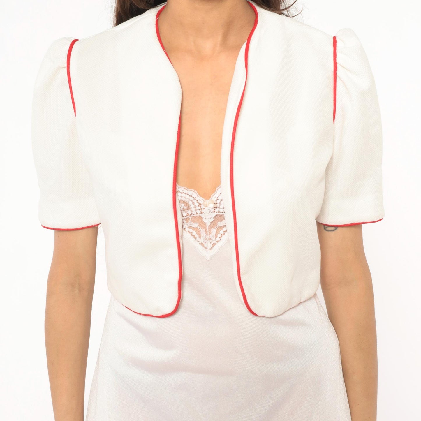 70s Nancy Stevens White Bolero Jacket Red Piping Puff Sleeve Cropped Extra Small