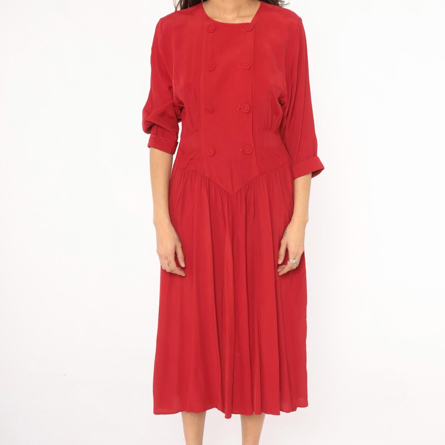 80s Piccolino Petites Crimson Double Breasted Midi Dress Round Neck Small Medium