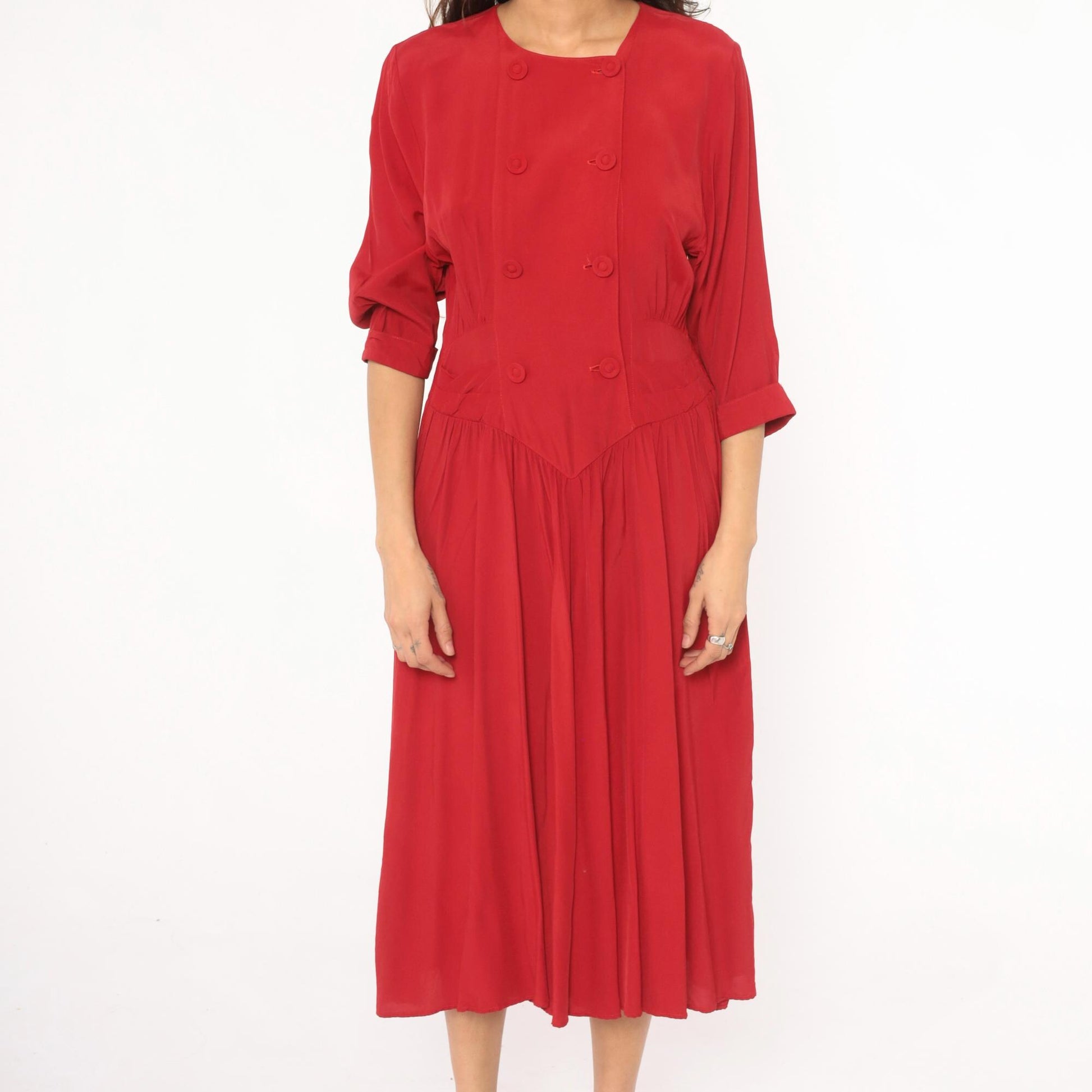 80s Piccolino Petites Crimson Double Breasted Midi Dress Round Neck Small Medium