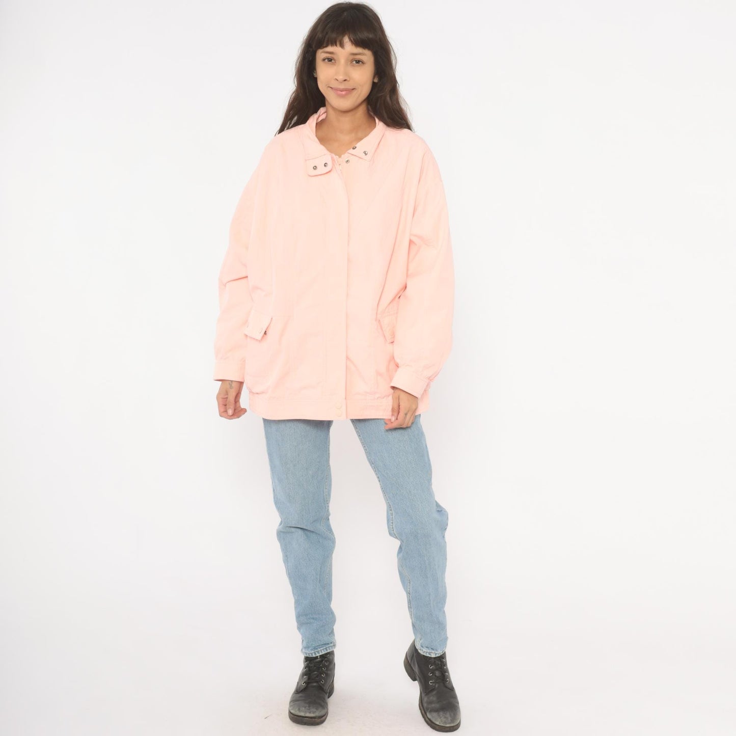 80s Aurora International Windbreaker Jacket Peach Snap Collar Zip Front Extra Large XXL
