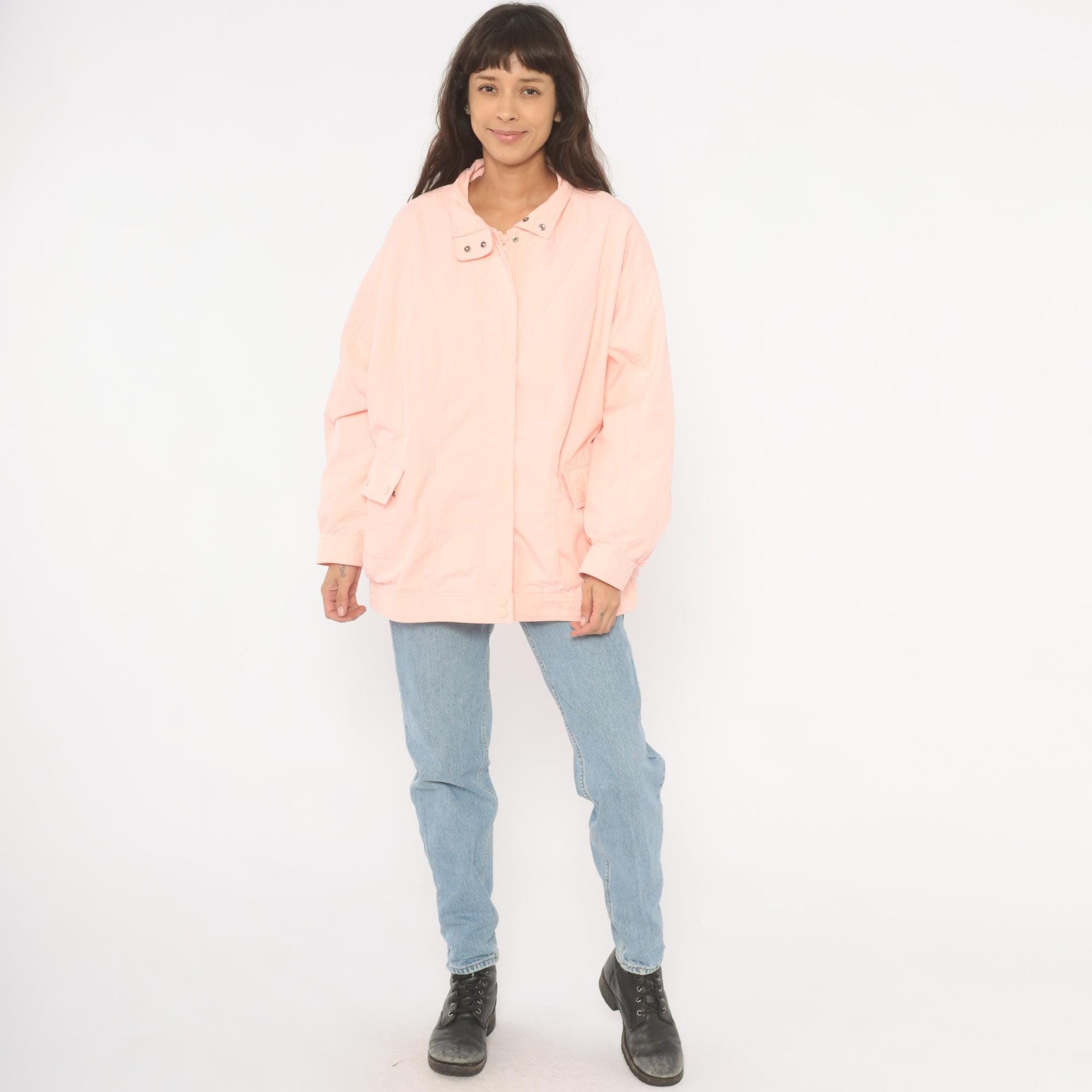 80s Aurora International Windbreaker Jacket Peach Snap Collar Zip Front Extra Large XXL