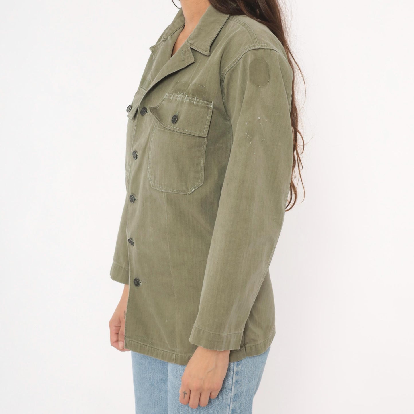 1940s HBT Military Field Jacket Olive Drab Cotton Army WWII Small