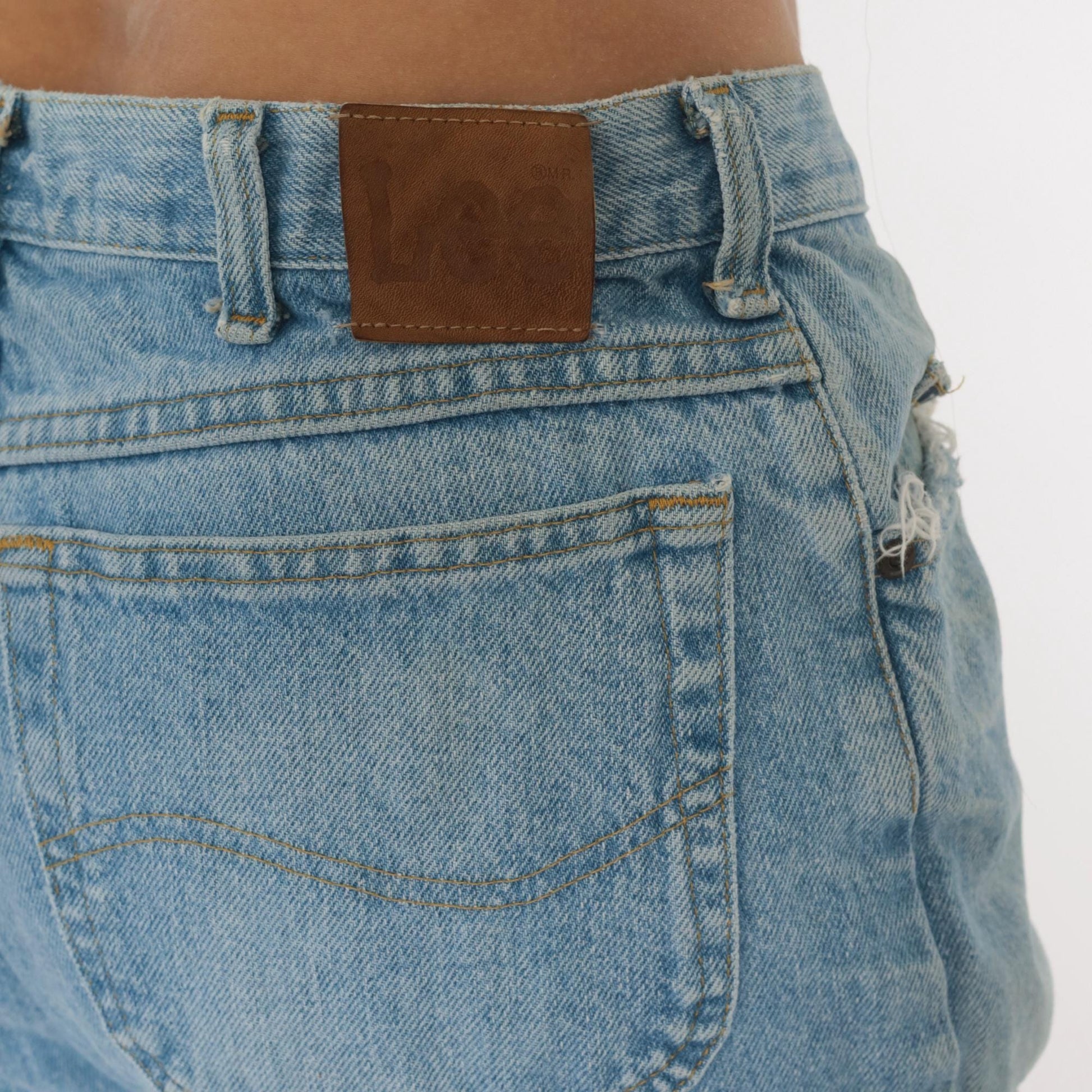 Y2K Light Wash Straight Leg Cropped Jeans Raw Hem Blue Cotton Large L