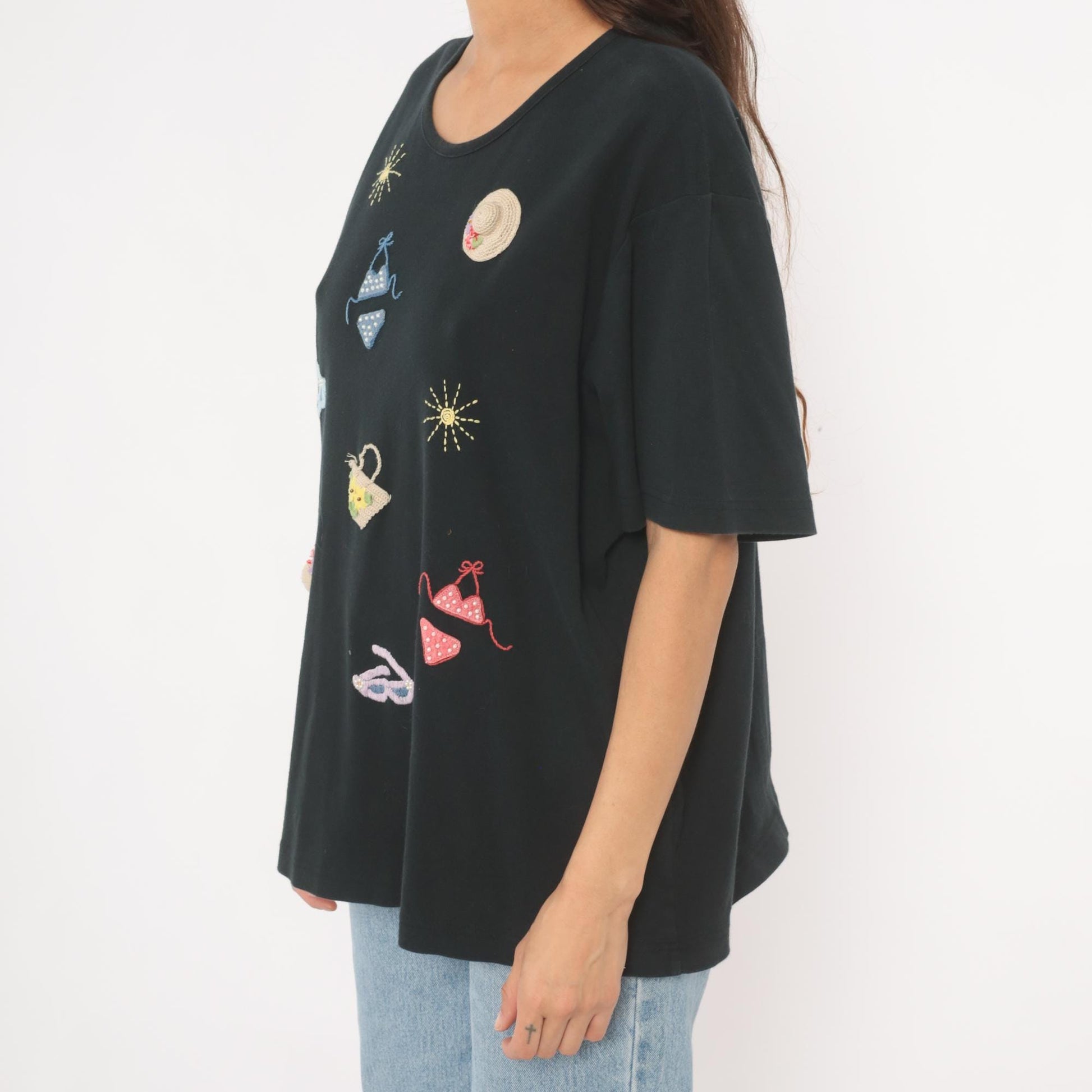 90s Extra Point Black T Shirt Beach Embroidered Appliqué Bikini Sun Hat XL