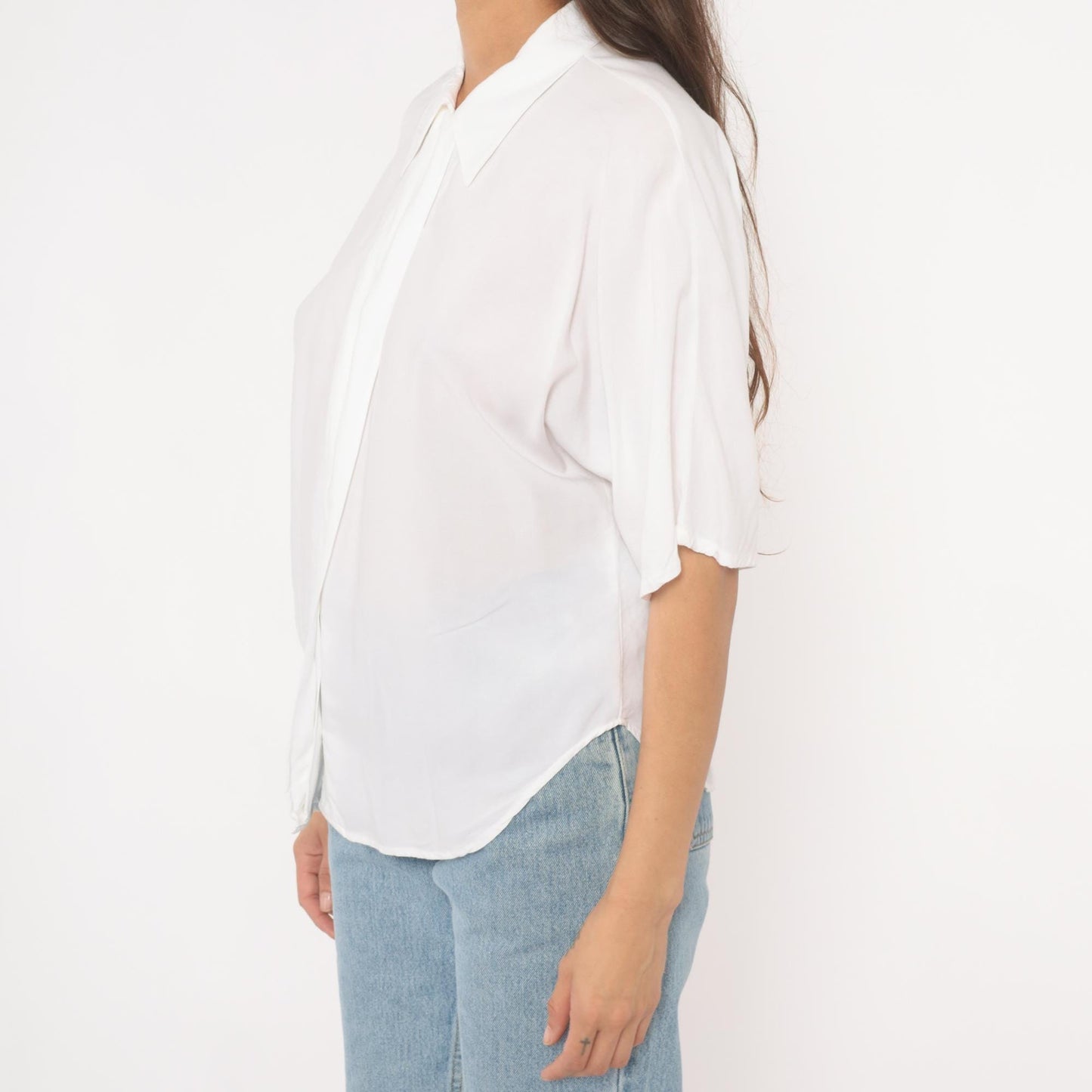90s White Pointed Collar Blouse Hidden Placket Relaxed Fit Medium M