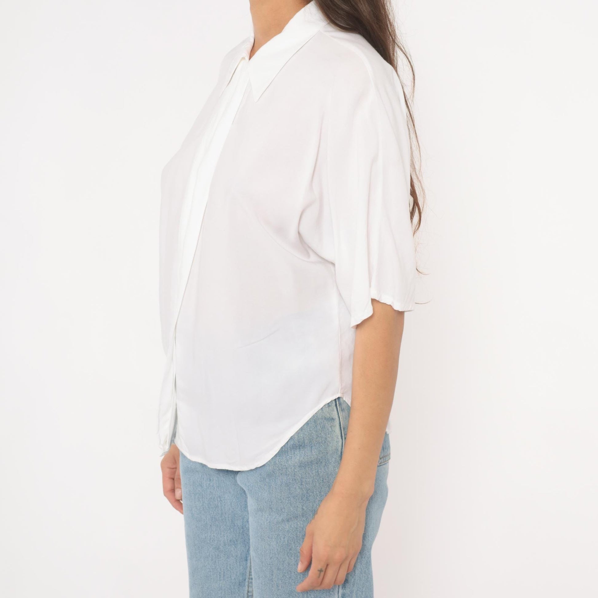 90s White Pointed Collar Blouse Hidden Placket Relaxed Fit Medium M