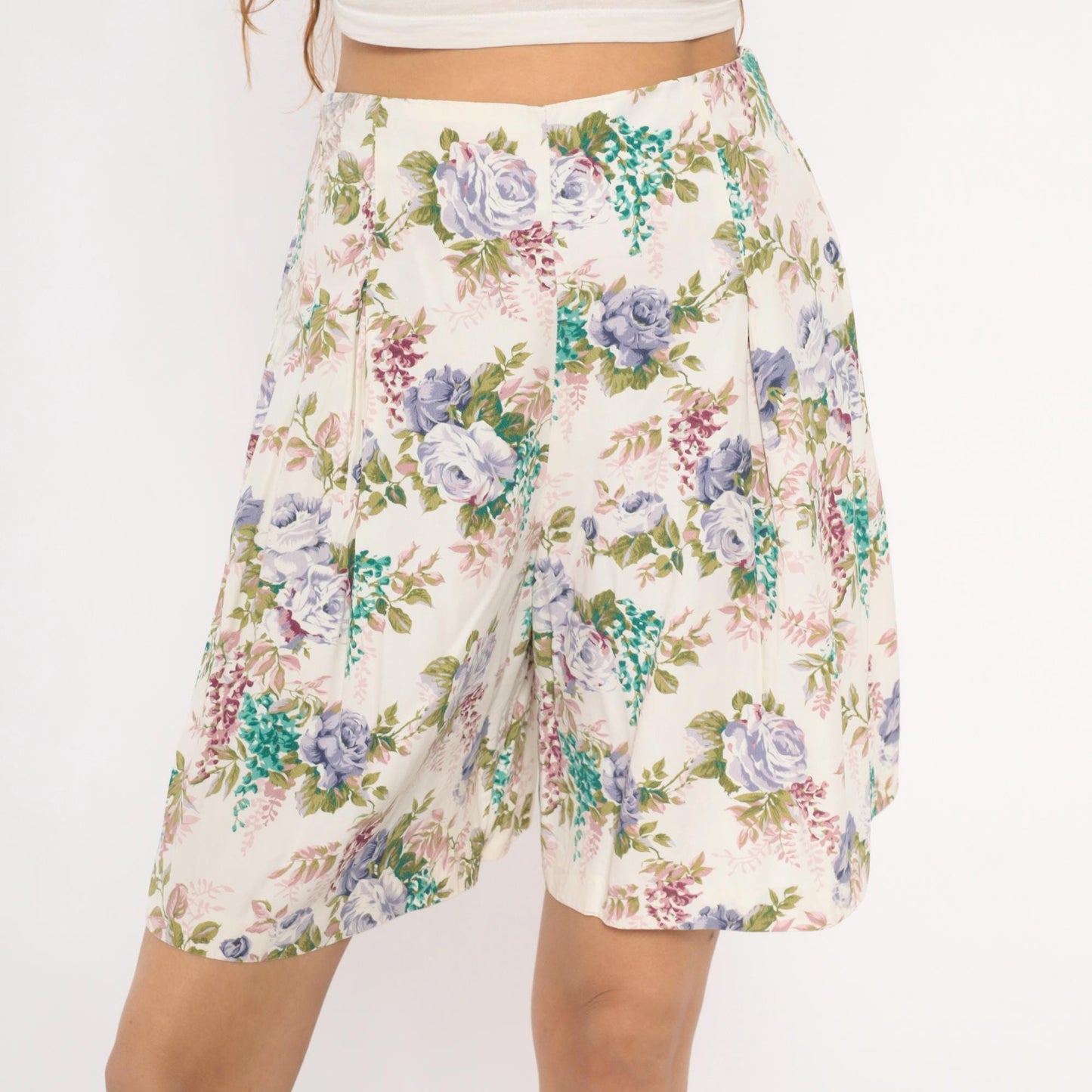 90s Floral Culotte Shorts High Waist Wide Leg Ivory Purple Rose Medium