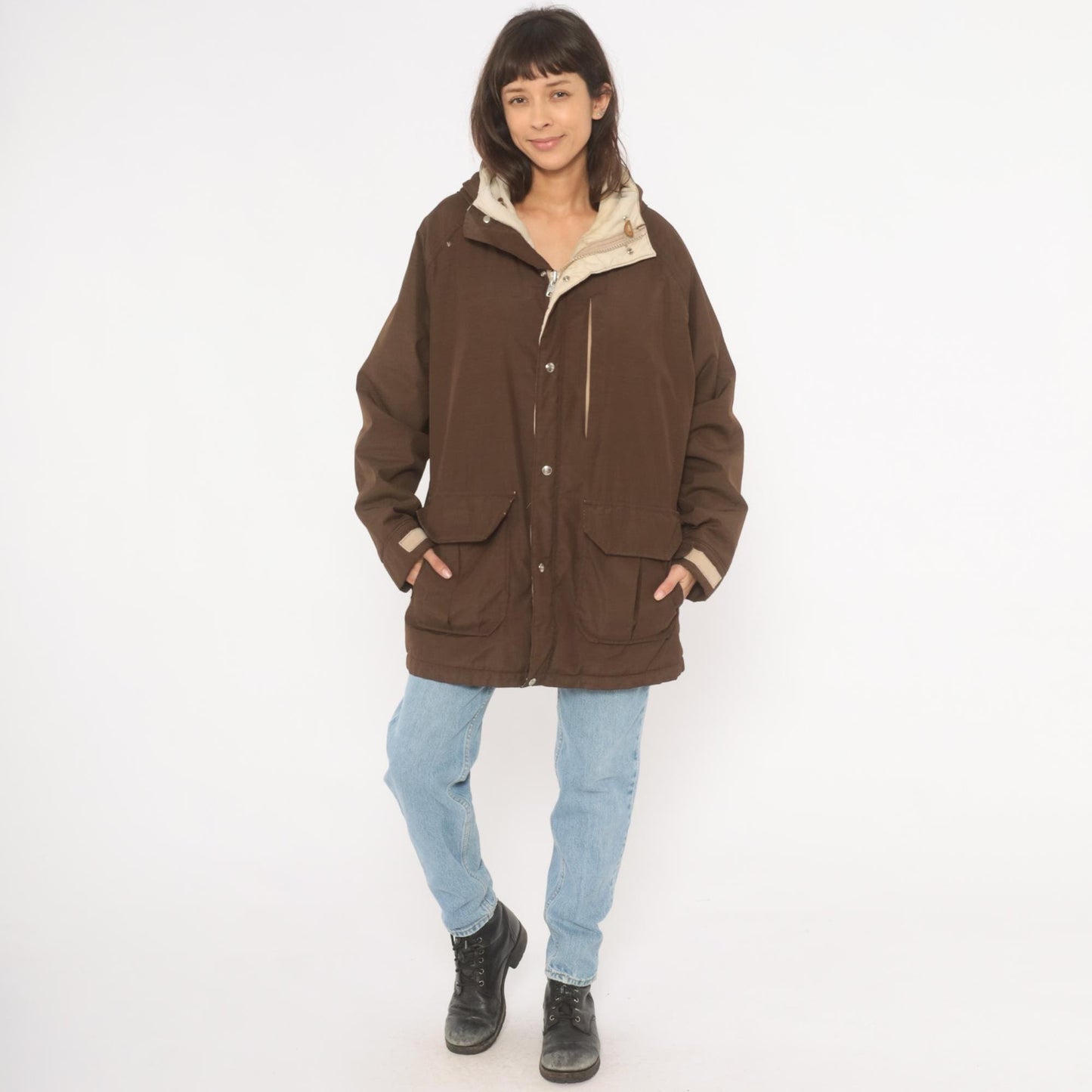 80s Woolrich Brown Hooded Parka Cargo Pockets Tan Quilted Lining Large