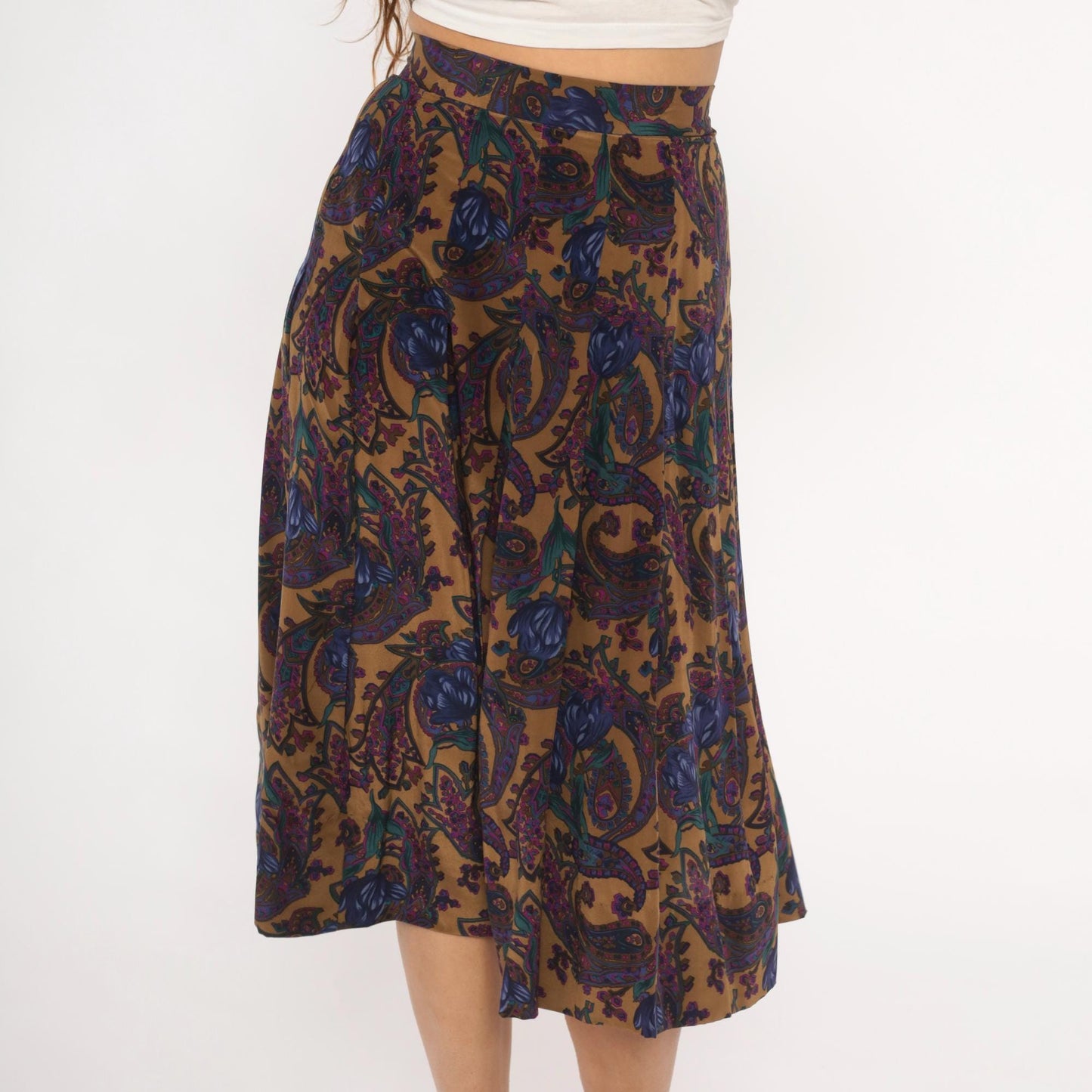 80s Saks Fifth Avenue Paisley Silk Skirt Knee-Length Pleated High Waist Small S