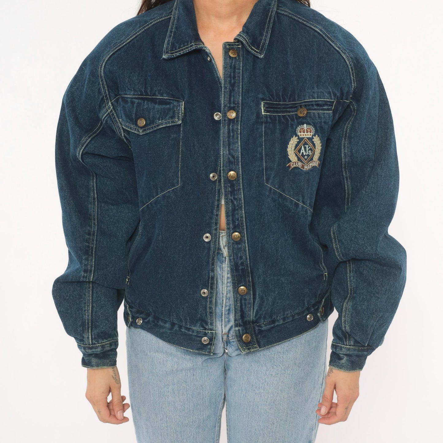 90s AJs Dark Wash Denim Bomber Jacket Embroidered Logo Small