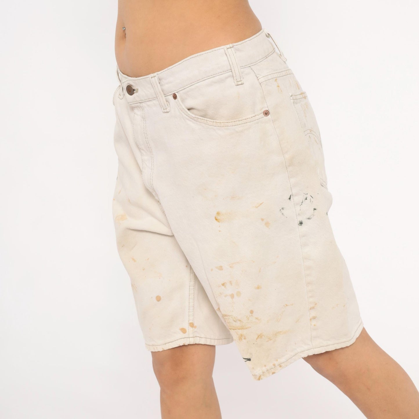 90s Levi's 550 Off-White Denim Shorts High Rise Distressed Cream Waist 36