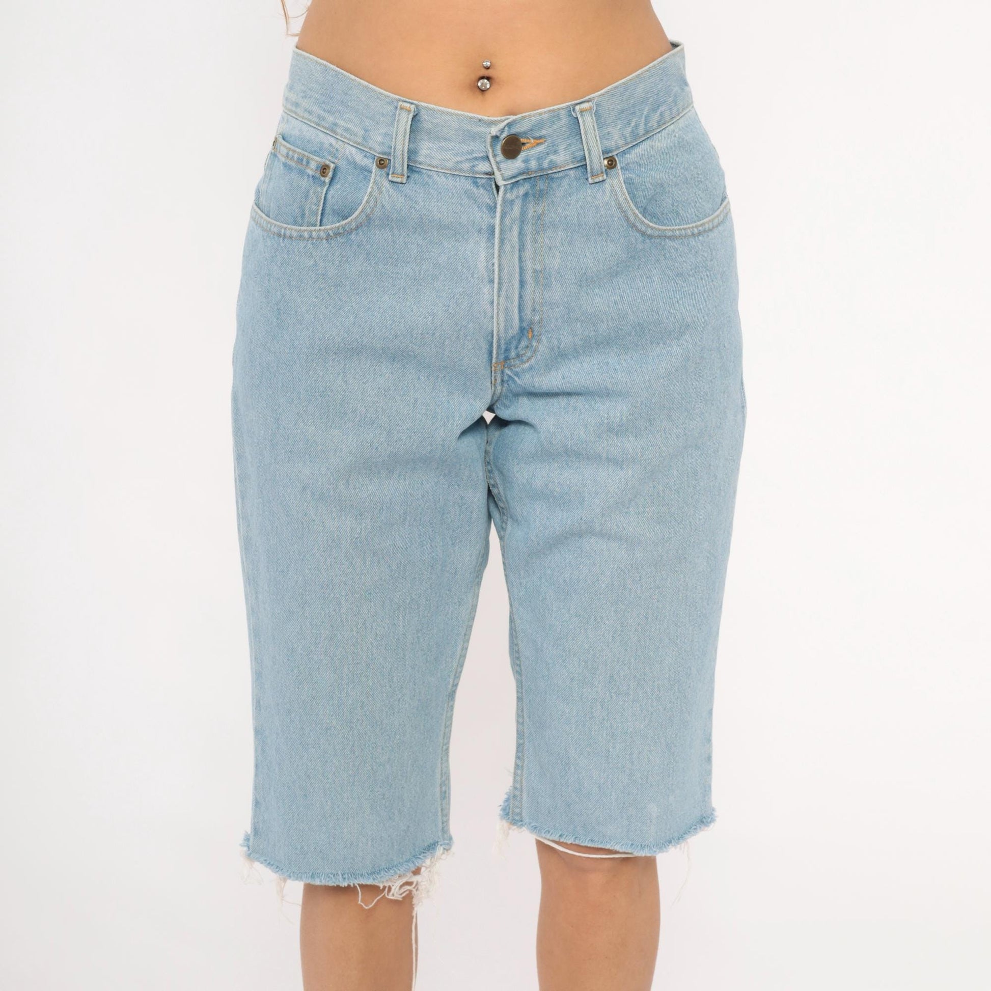 LL Bean Light Wash Denim Cutoff Shorts High Waist Bermuda Blue Medium M