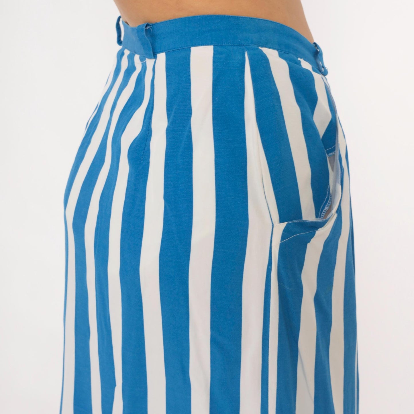 90s Jones New York Blue White Striped Midi Skirt High Waist Pockets Medium M