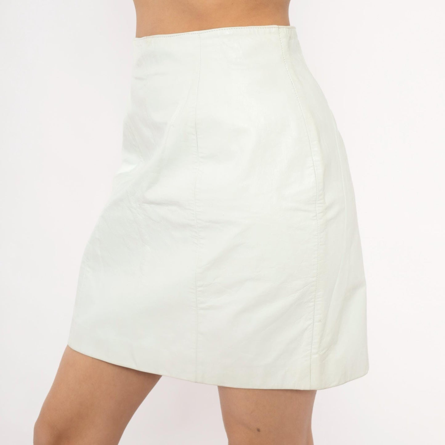90s Byrnes & Baker White Leather Mini Skirt High Waist Pencil Medium M