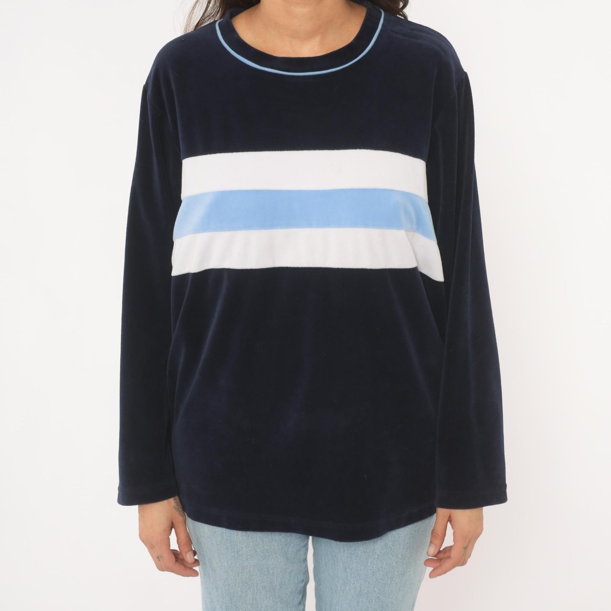 2000s St Johns Bay Navy Velour Sweatshirt Striped Chest Panel Extra Large XL