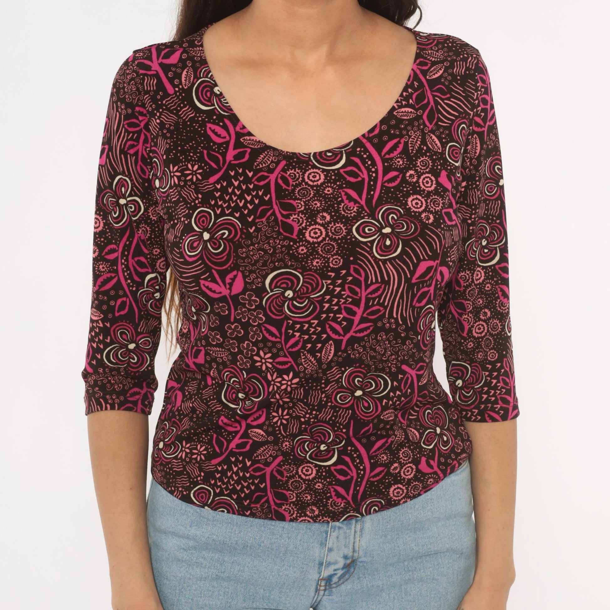 Y2K Only Nine Floral Botanical Blouse Brown Pink Three Quarter Sleeve Large L