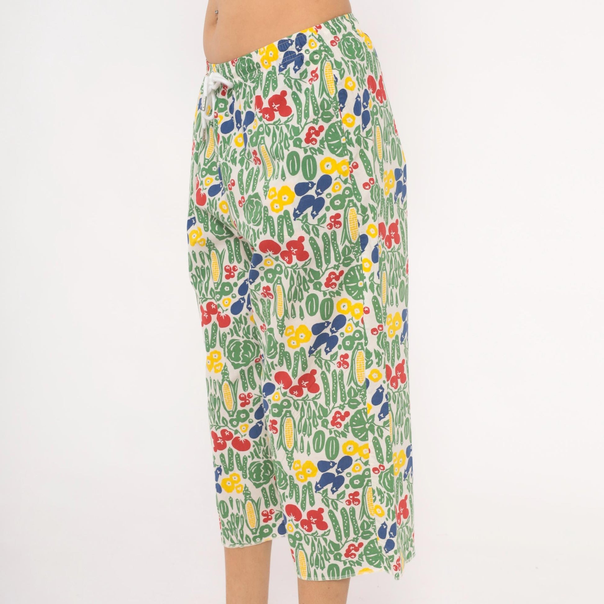 90s Vegetable Garden Print Culottes White Wide Leg Capri Cotton Medium M