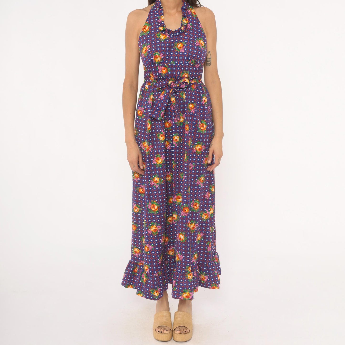 70s Floral Halter Dress Purple Polka Dot Tie Waist Open Back XS