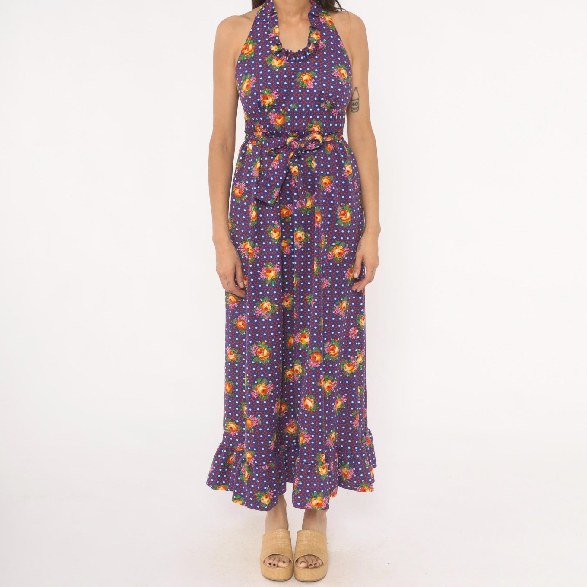 70s Floral Halter Dress Purple Polka Dot Tie Waist Open Back XS