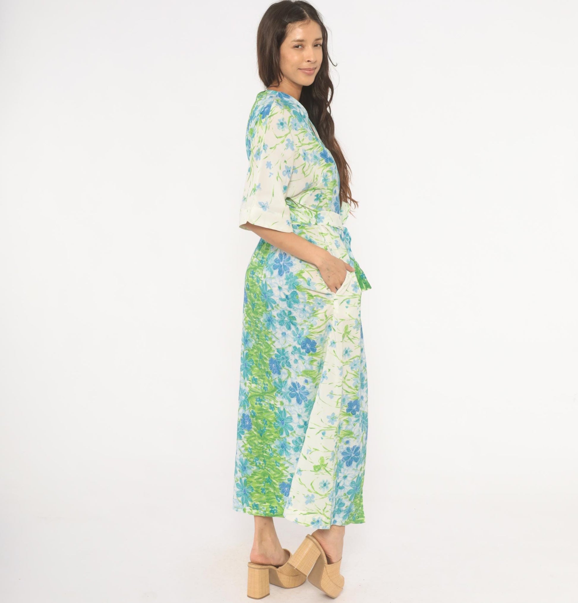 70s Floral Kimono Robe Maxi Wrap Dress Watercolor Print Blue Green Medium