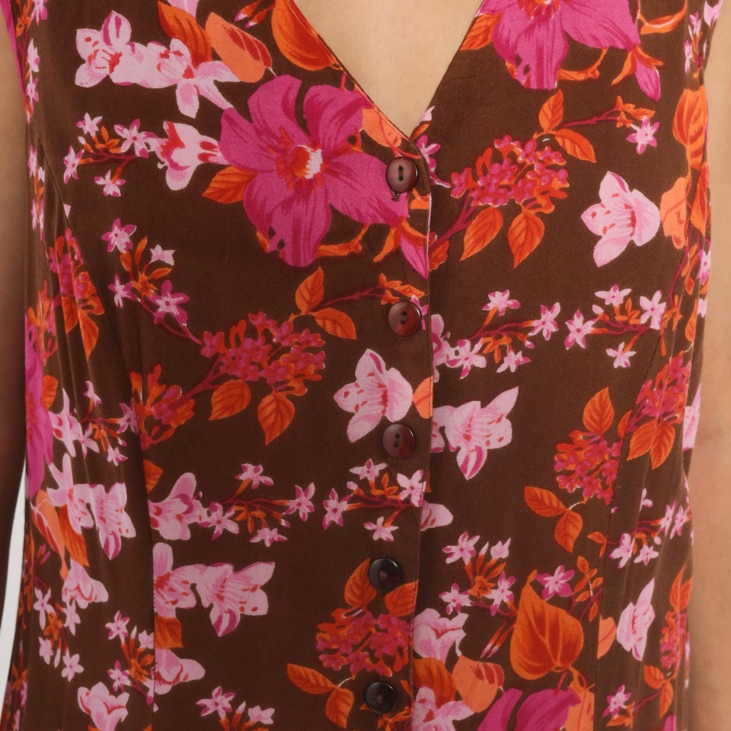Y2K Roaman's Tropical Floral Midi Dress Brown Pink Orange Button Front Plus Size 14W