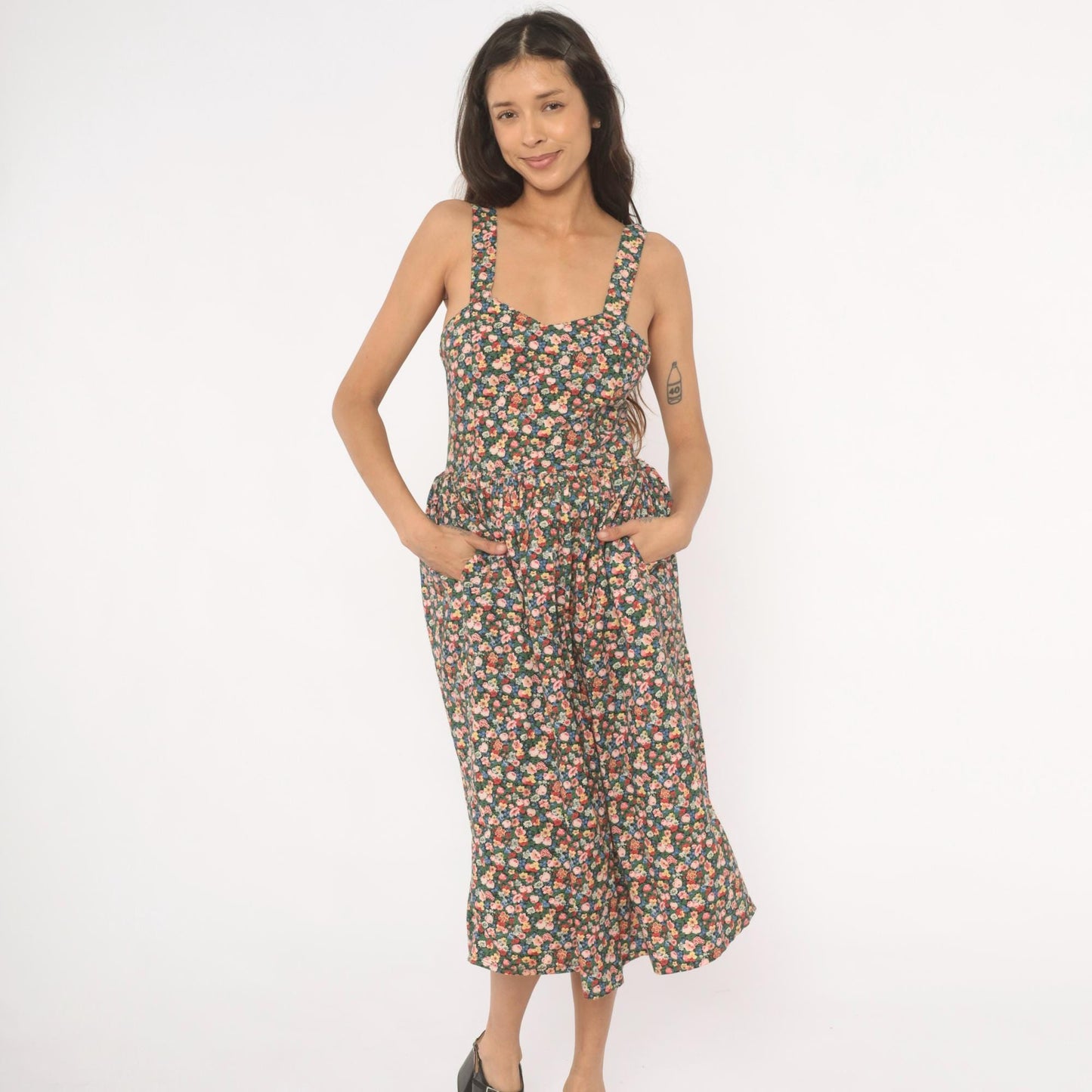 90s The Limited Floral Midi Sundress Calico Print Sweetheart Neckline Small