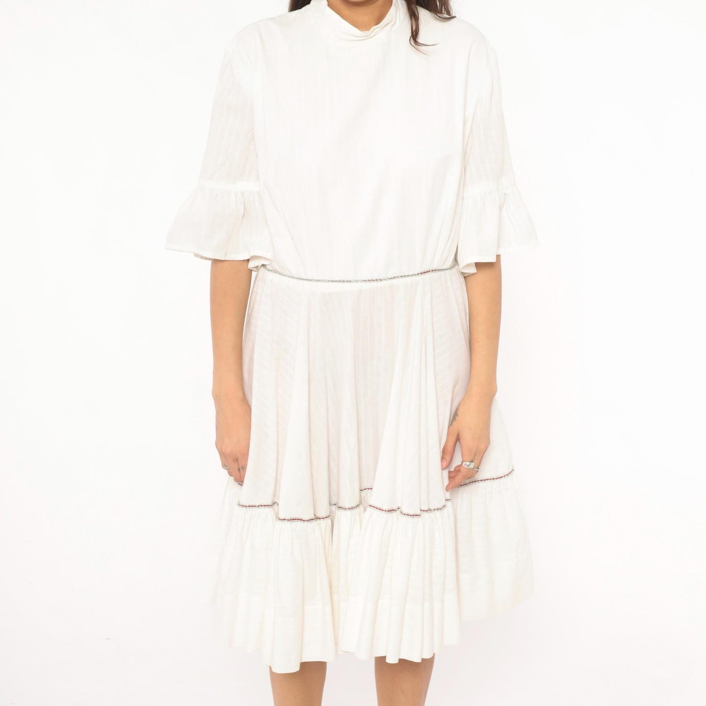 60s Ivory Prairie Dress Tiered Ruffle Bell Sleeve Cotton Knee Length Large L