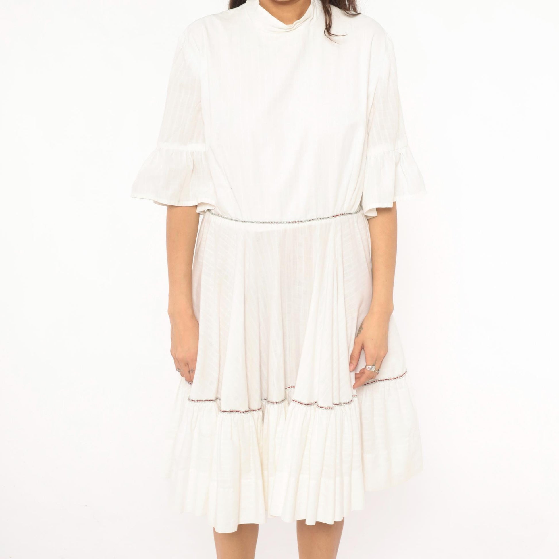 60s Ivory Prairie Dress Tiered Ruffle Bell Sleeve Cotton Knee Length Large L