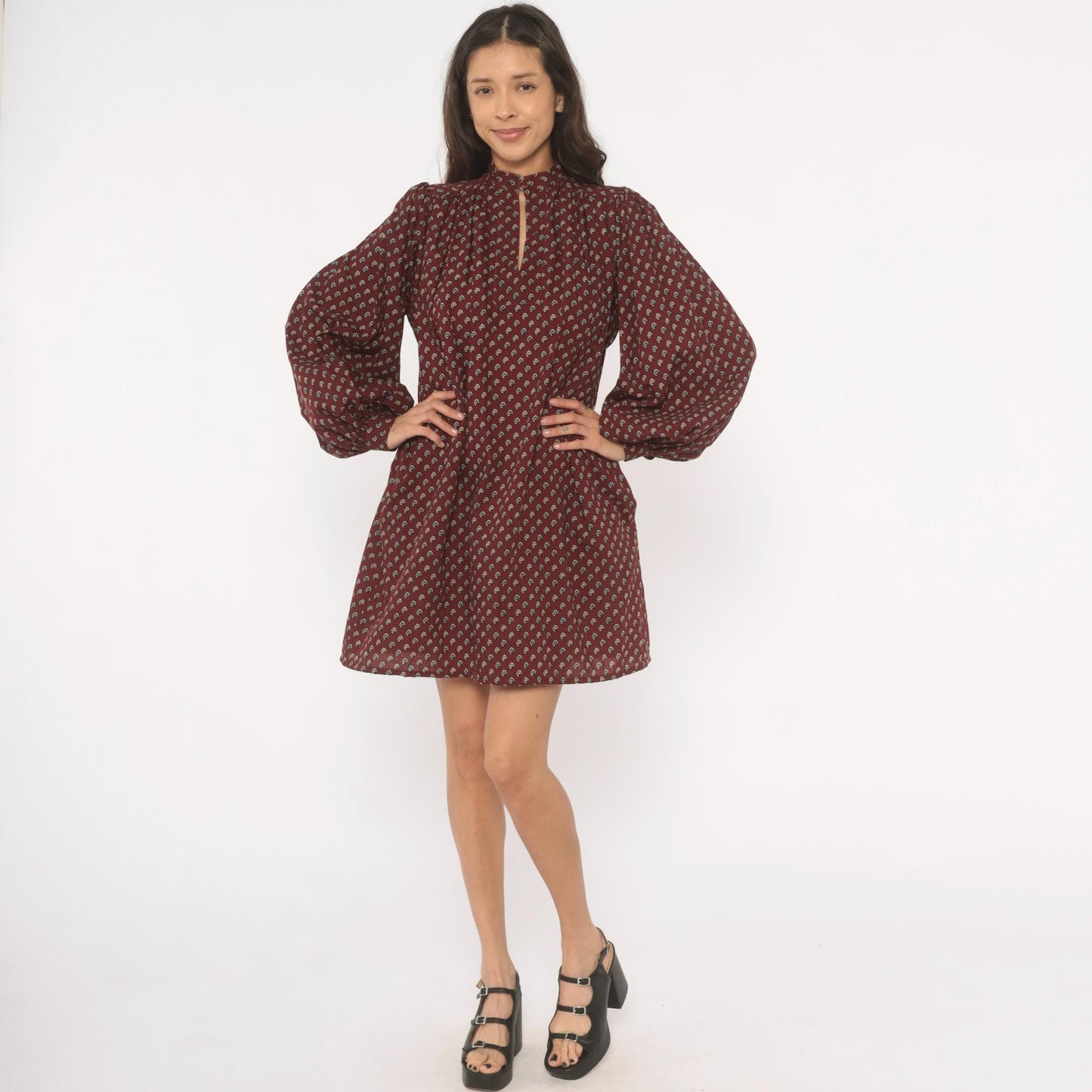 80s Hear Say Burgundy Floral Mini Dress Puff Sleeve Keyhole Band Collar Medium M
