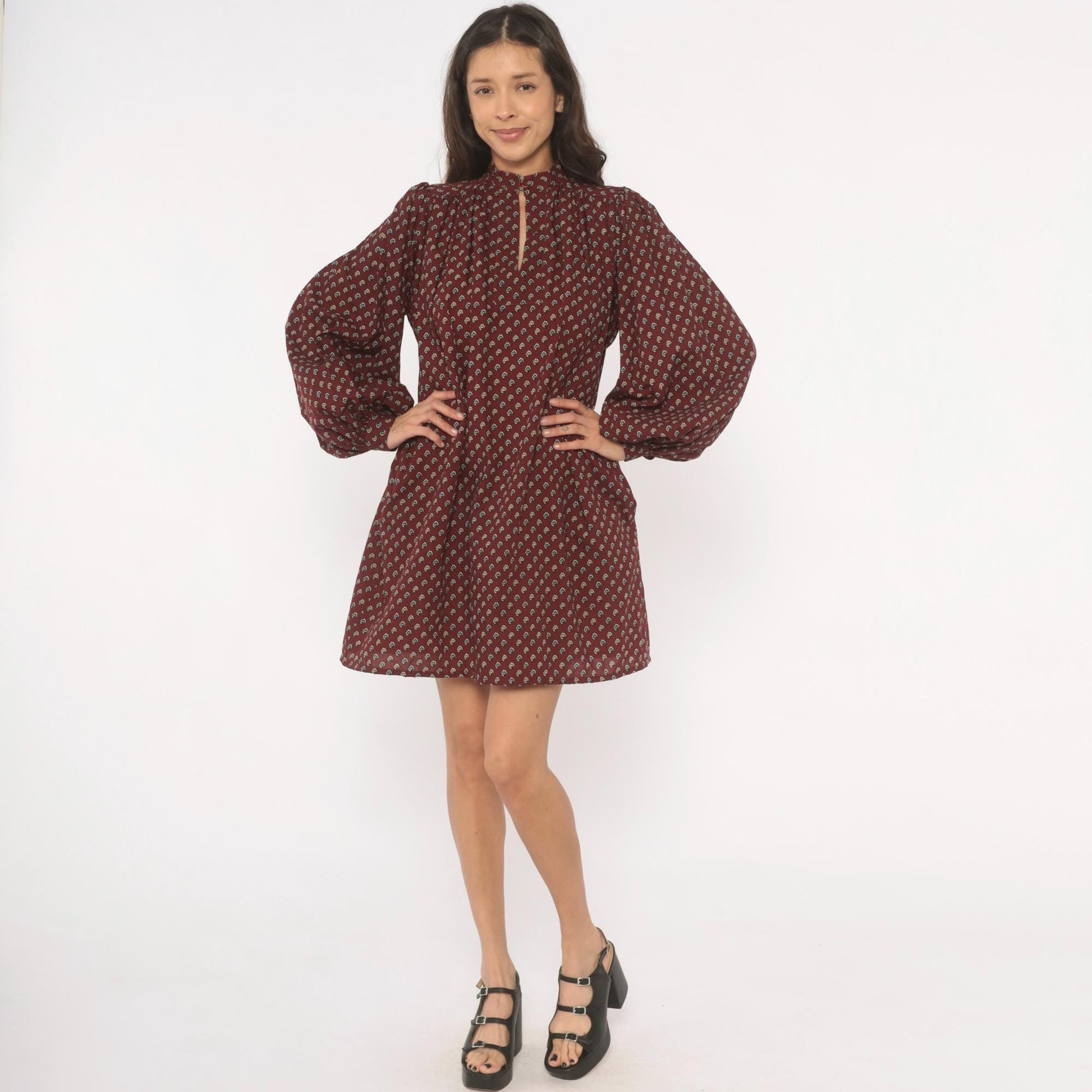 80s Hear Say Burgundy Floral Mini Dress Puff Sleeve Keyhole Band Collar Medium M