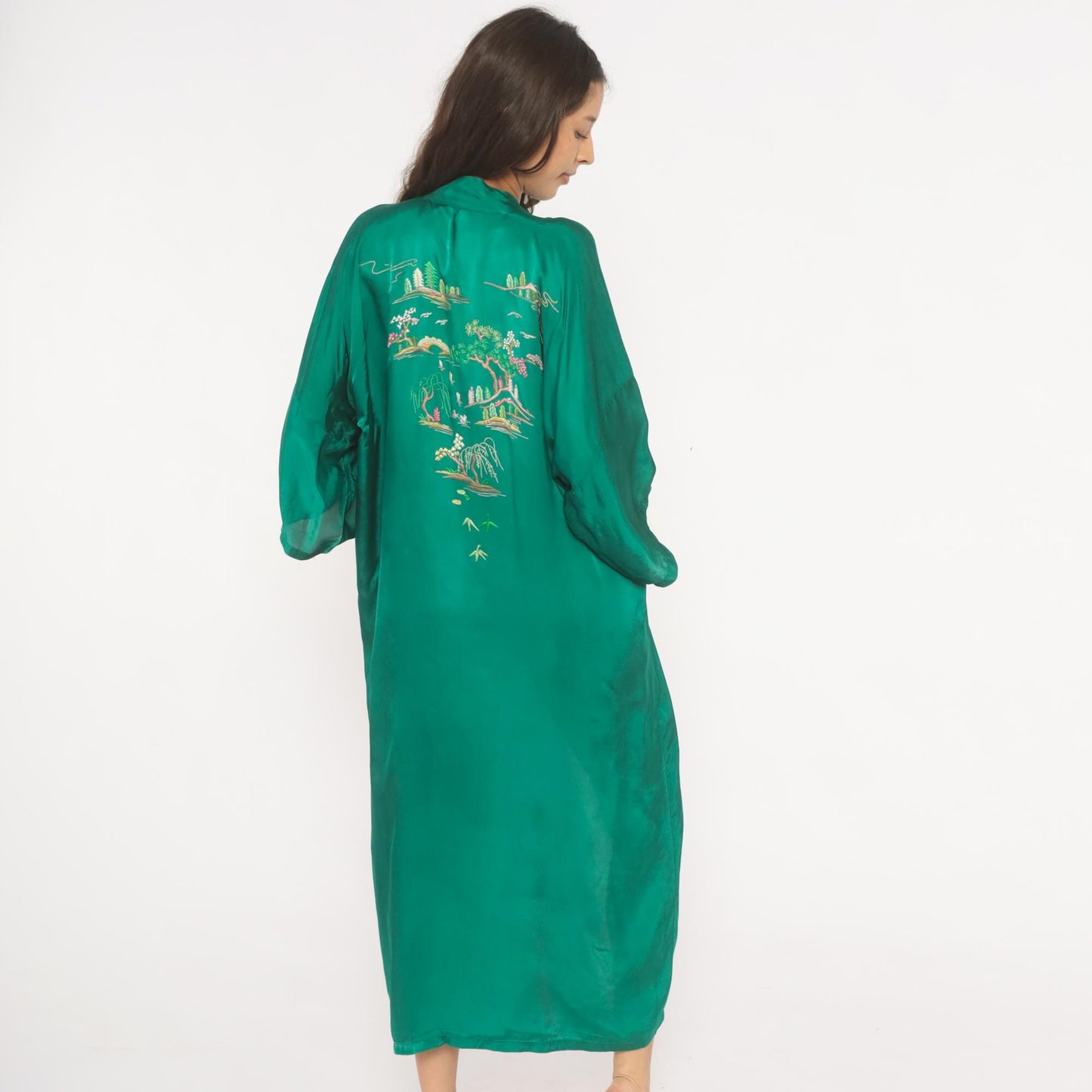 80s Health Silk Kimono Robe Emerald Embroidered Landscape Ankle Length Large L