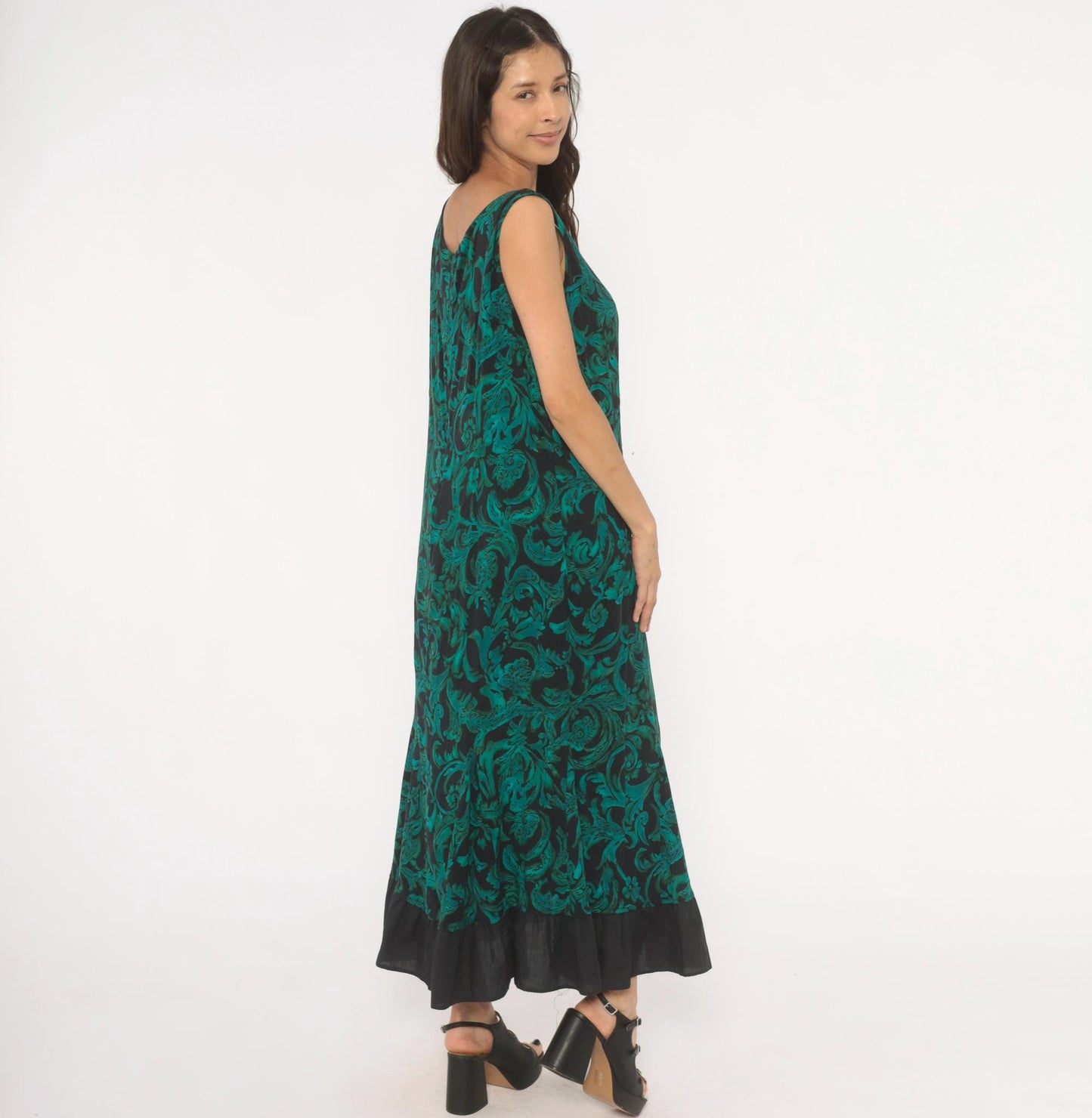 90s R & K Originals Teal Baroque Maxi Dress Emerald Floral Mermaid Large L