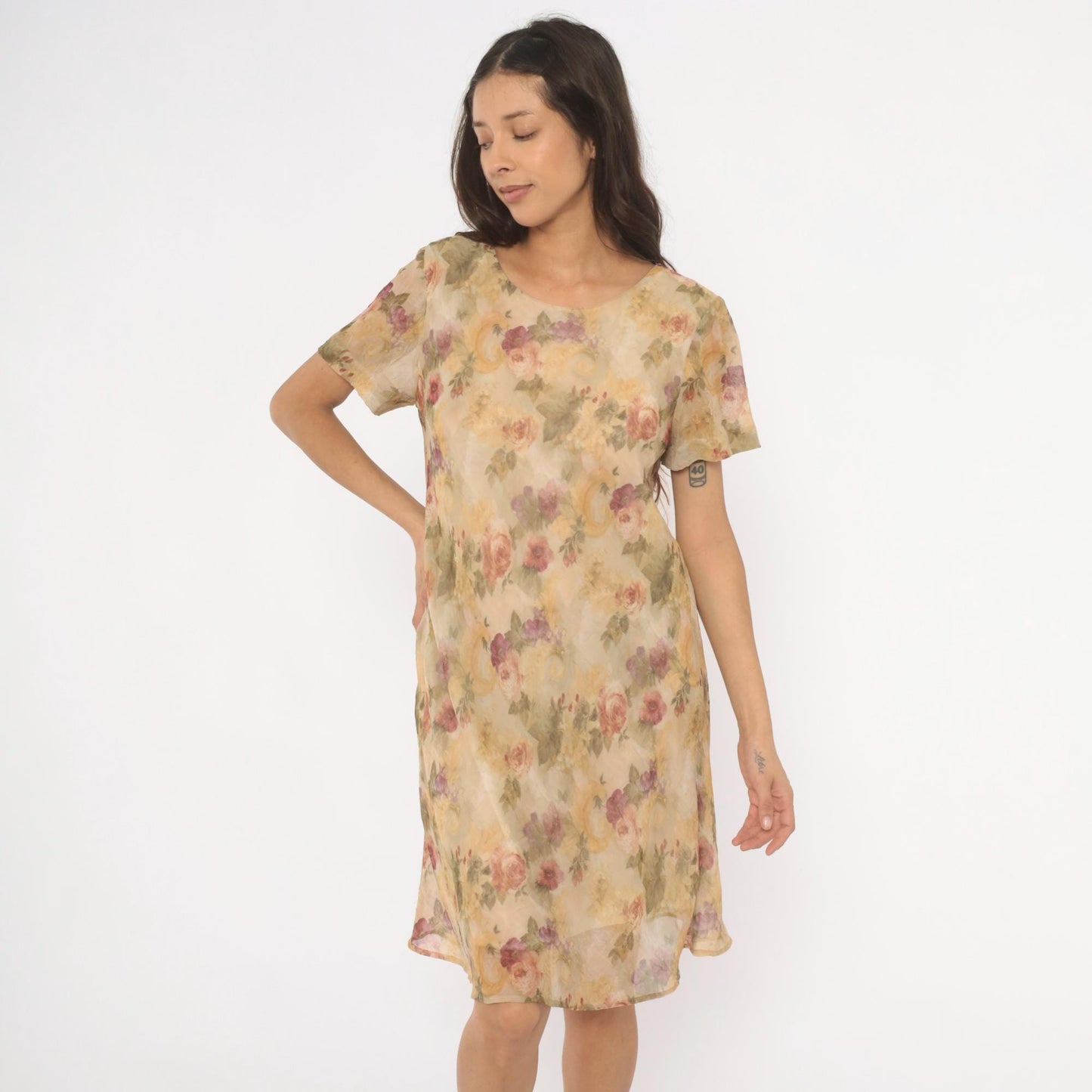 90s DJ Summers Floral Chiffon Dress Tan Rose Print Knee Length Medium M