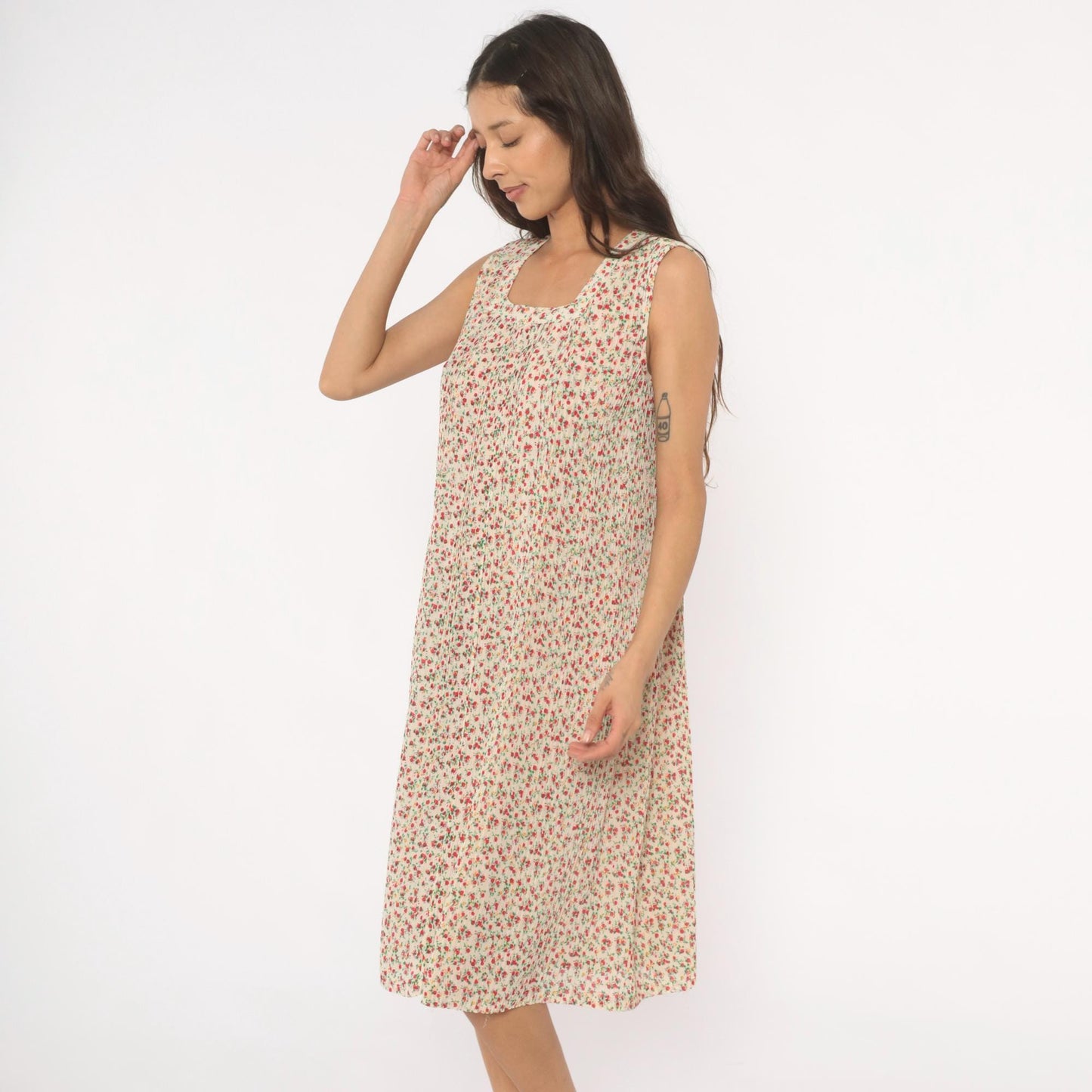 70s Ditsy Floral Shift Dress Cream Red Sleeveless Knee-Length Medium