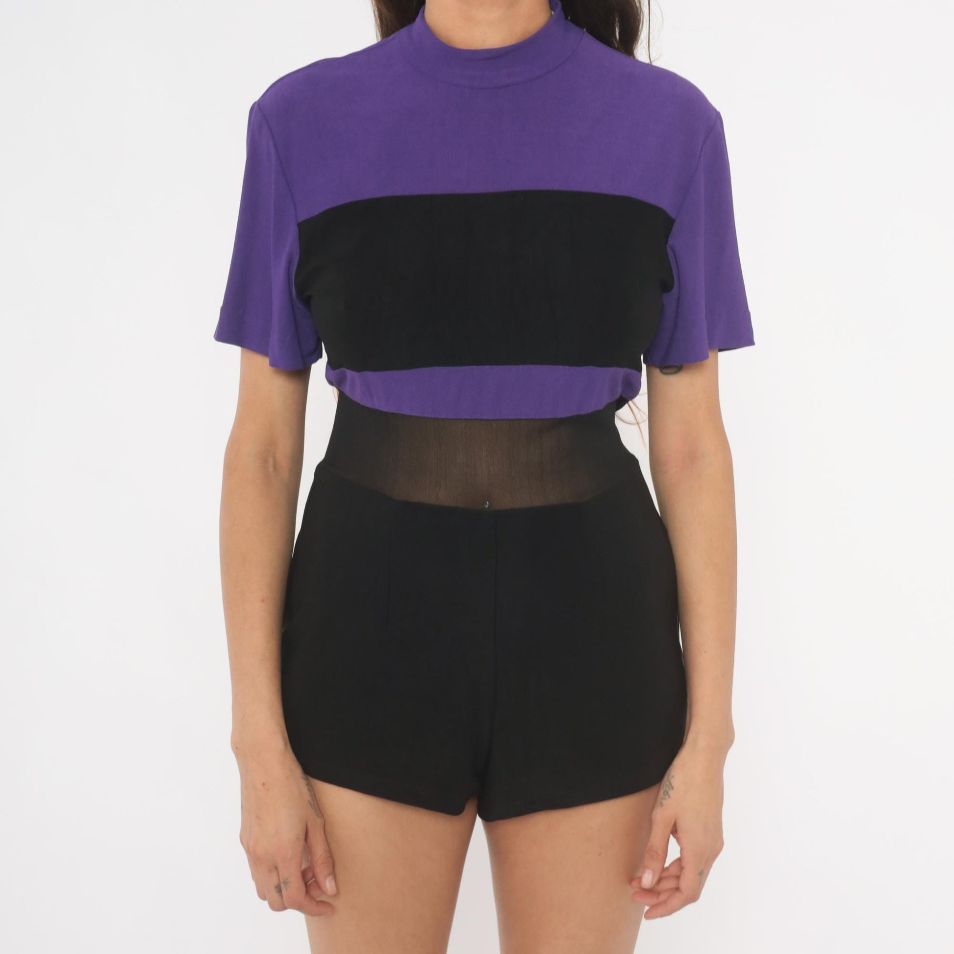 90s D.F. Summers Purple Black Color Block Romper Mesh Waist Medium M