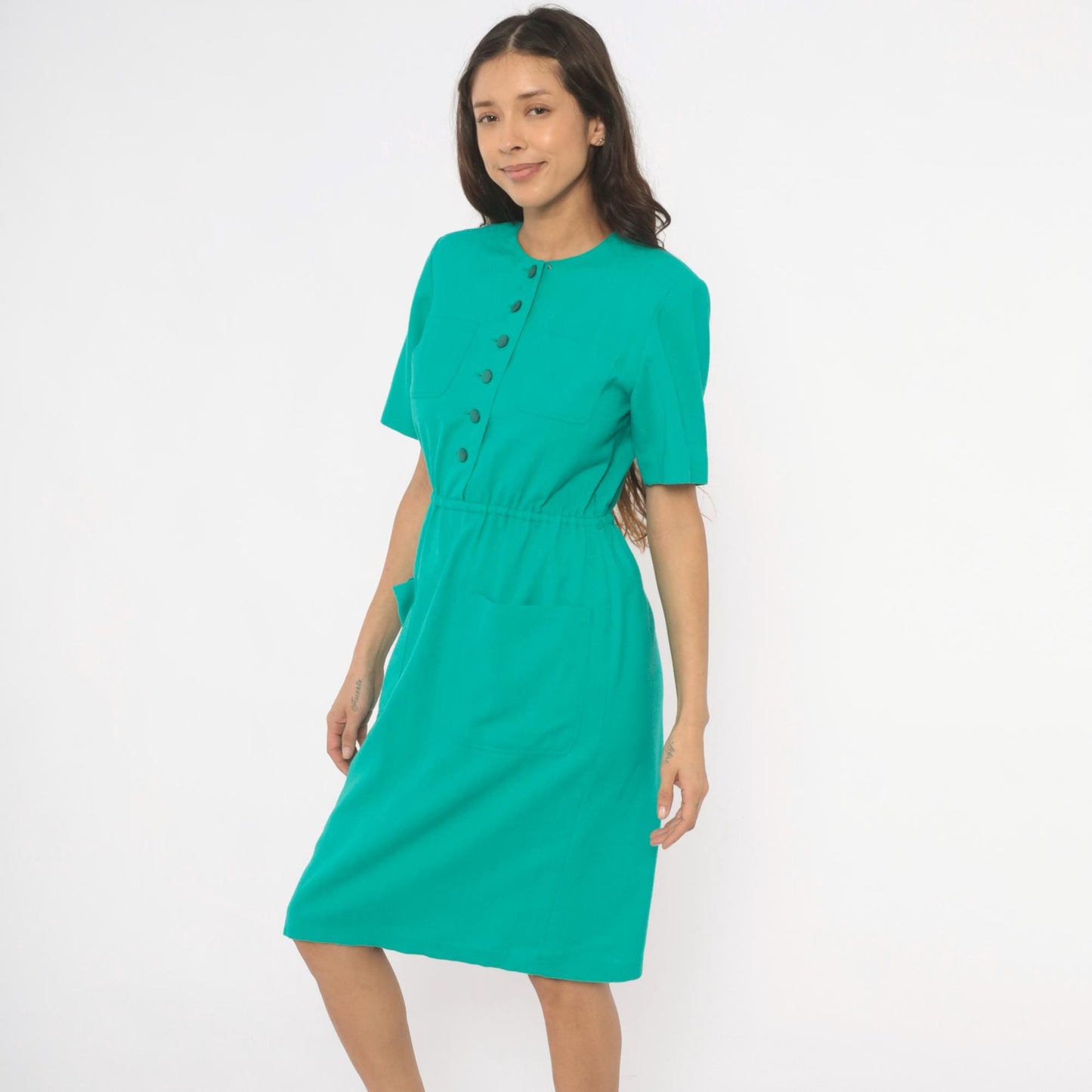80s Teal Shirtdress Knee-Length Button Front Elastic Waist Small