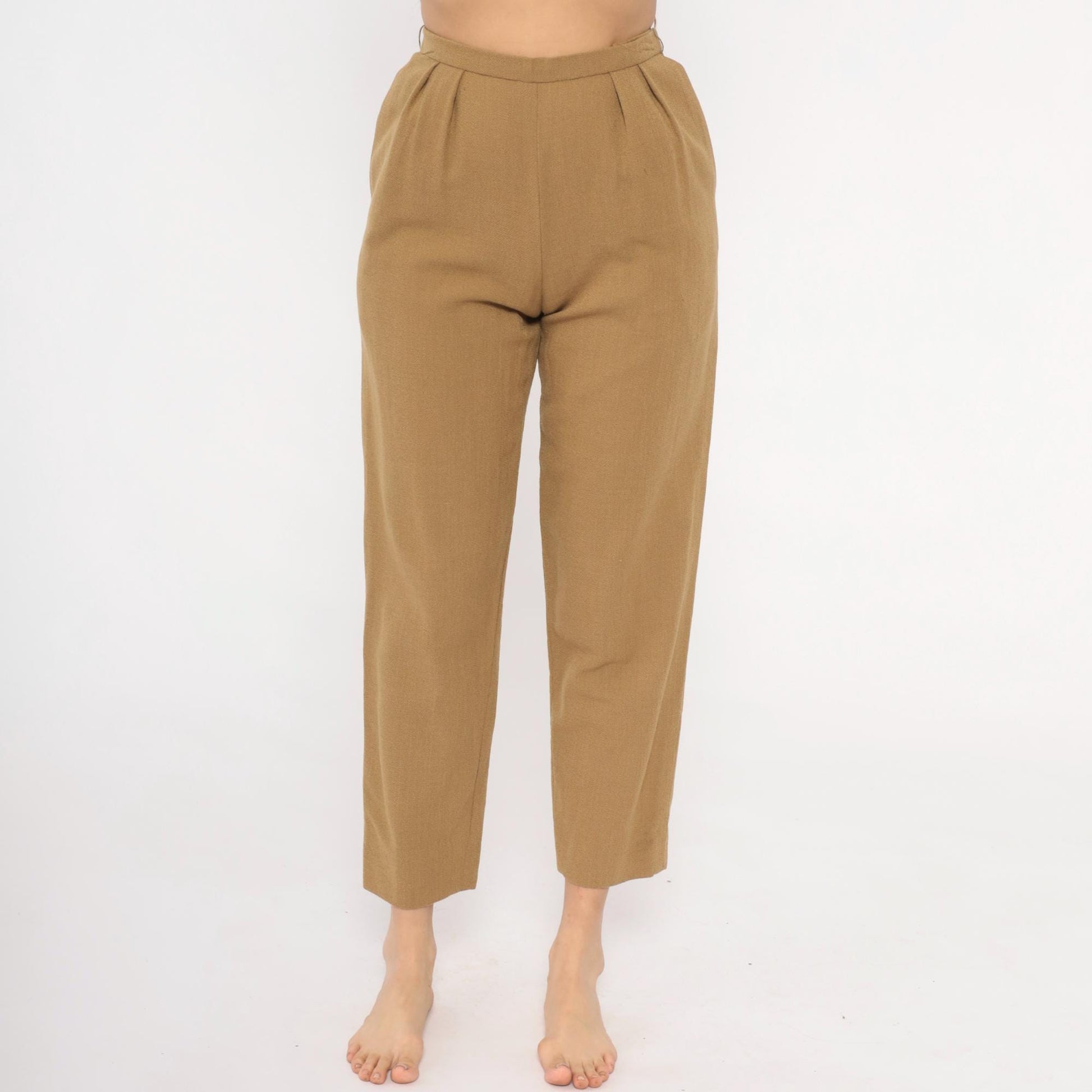 80s Tan Pleated High-Waist Wool Trousers Tapered Ankle Crop Extra Small