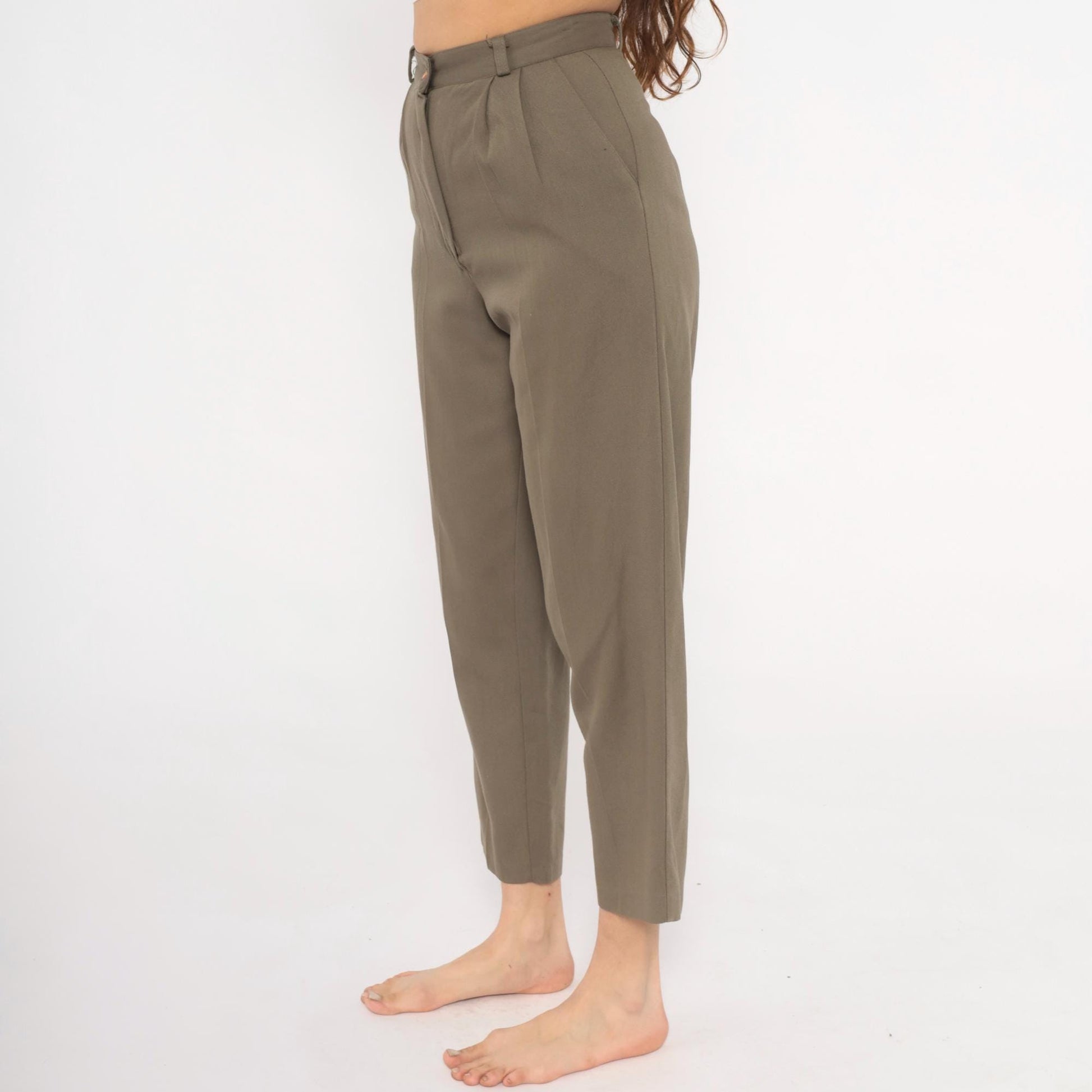 80s Olive Pleated High-Waist Trousers Tapered Ankle Cropped Slacks Extra Small XS