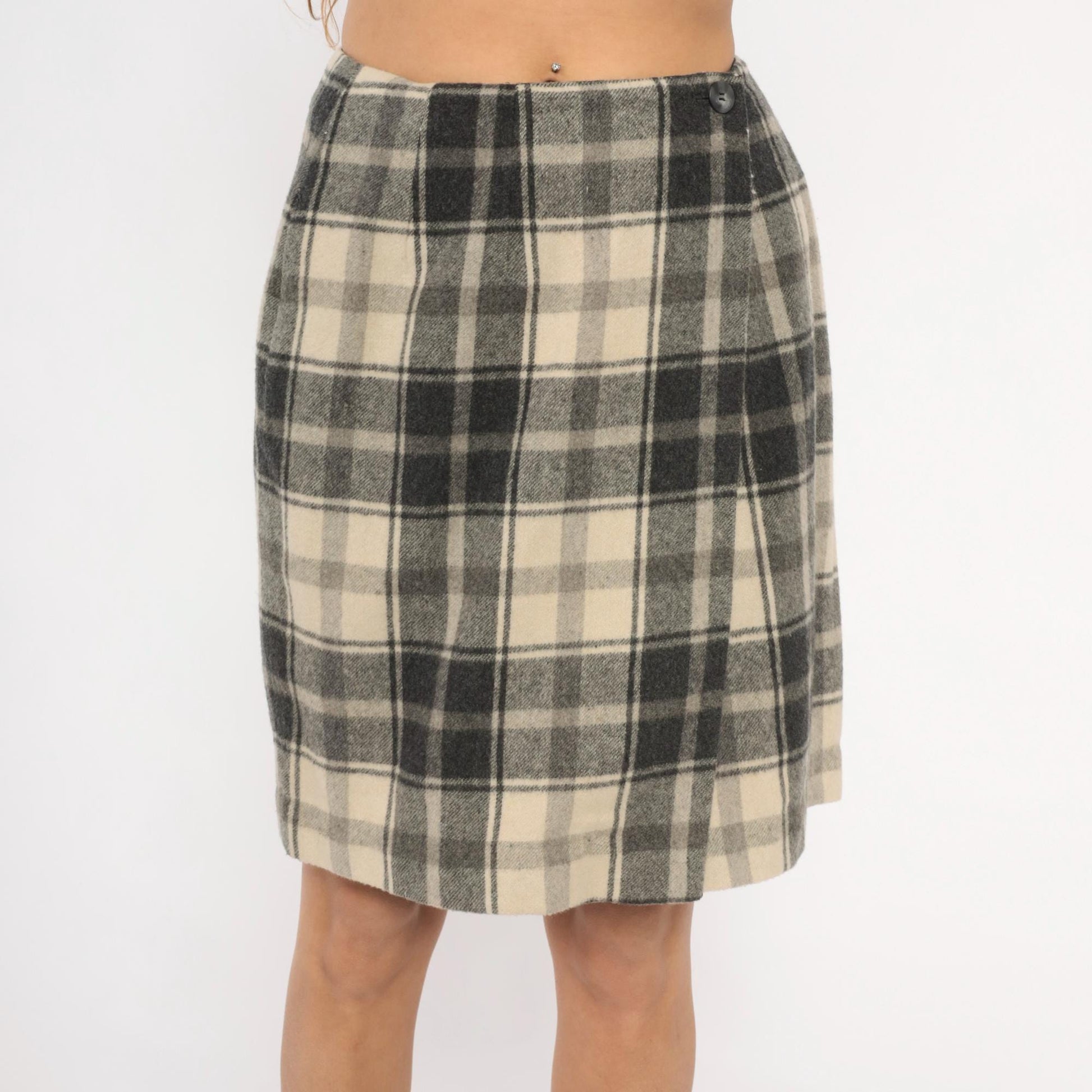 2000s Lands End Plaid Wool Mini Skirt Charcoal Cream Wrap Front Medium M