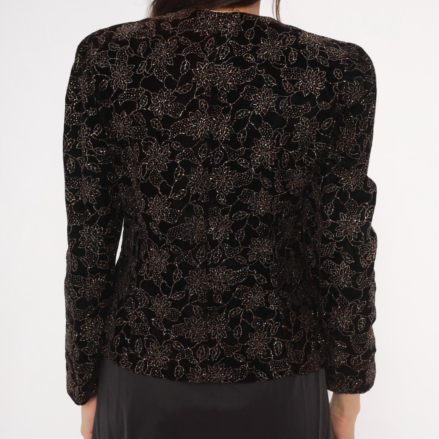90s R & K Evening Black Velvet Jacket Gold Glitter Floral Scalloped Blazer Small S