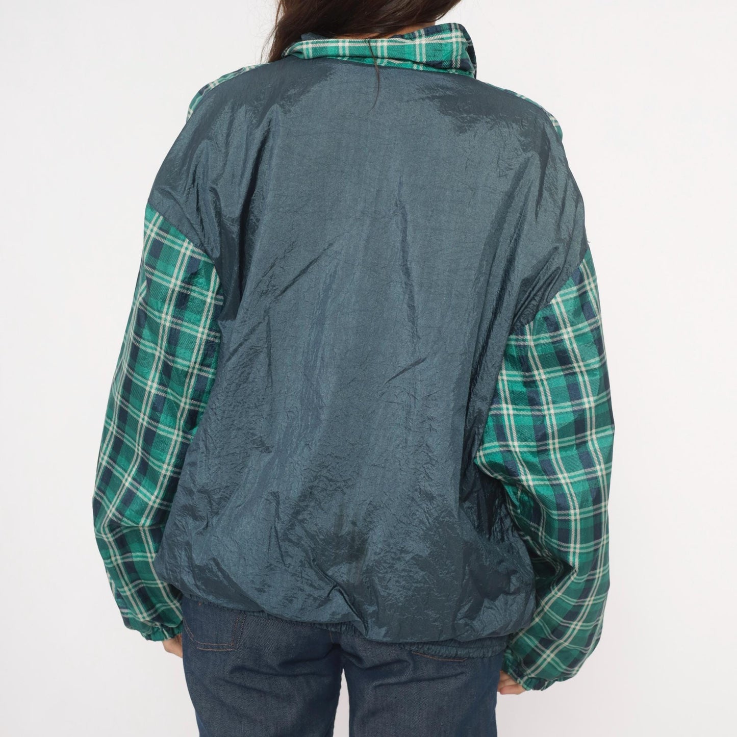 90s Honors Green Plaid Windbreaker Jacket Navy Colorblock Nylon Extra Large XL
