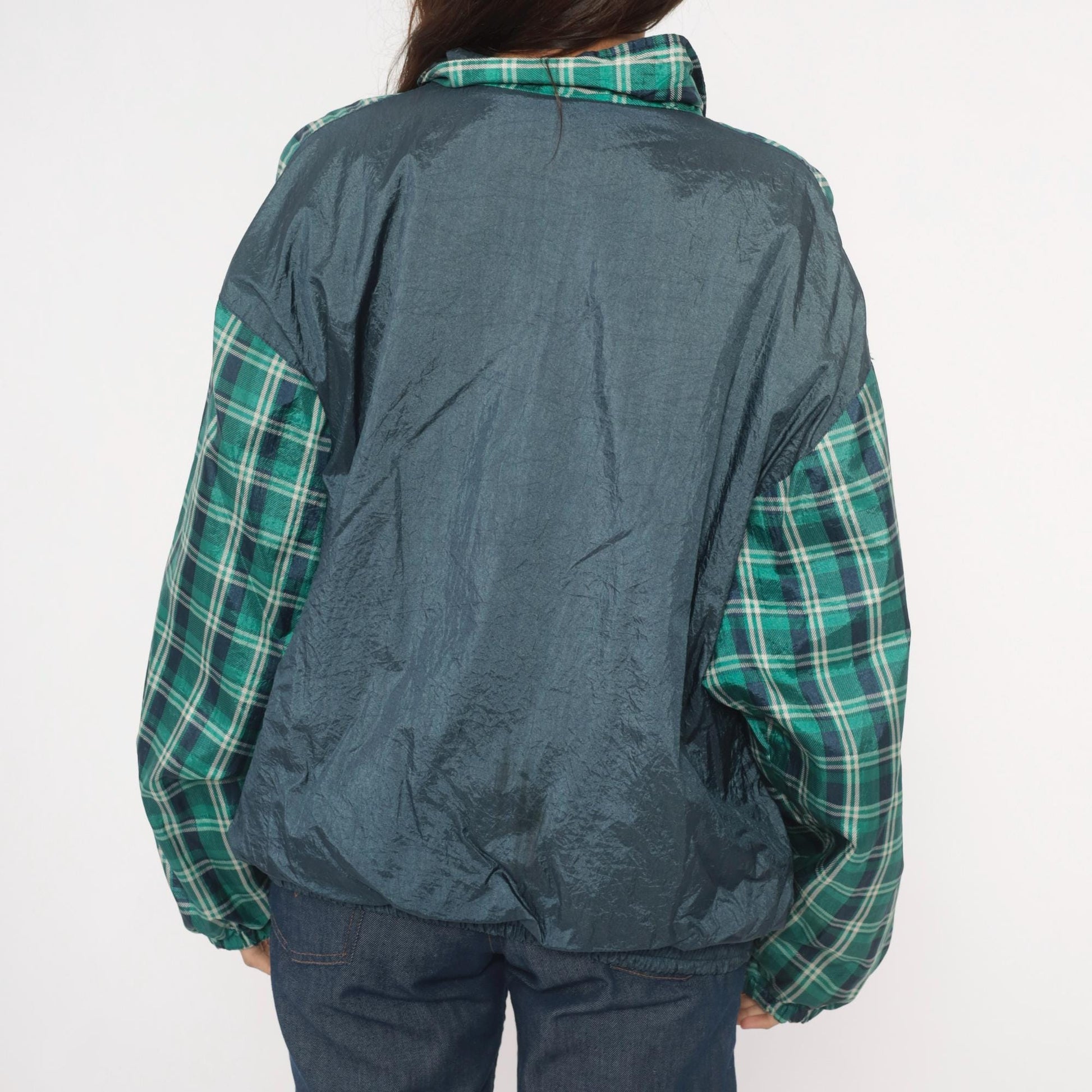 90s Honors Green Plaid Windbreaker Jacket Navy Colorblock Nylon Extra Large XL