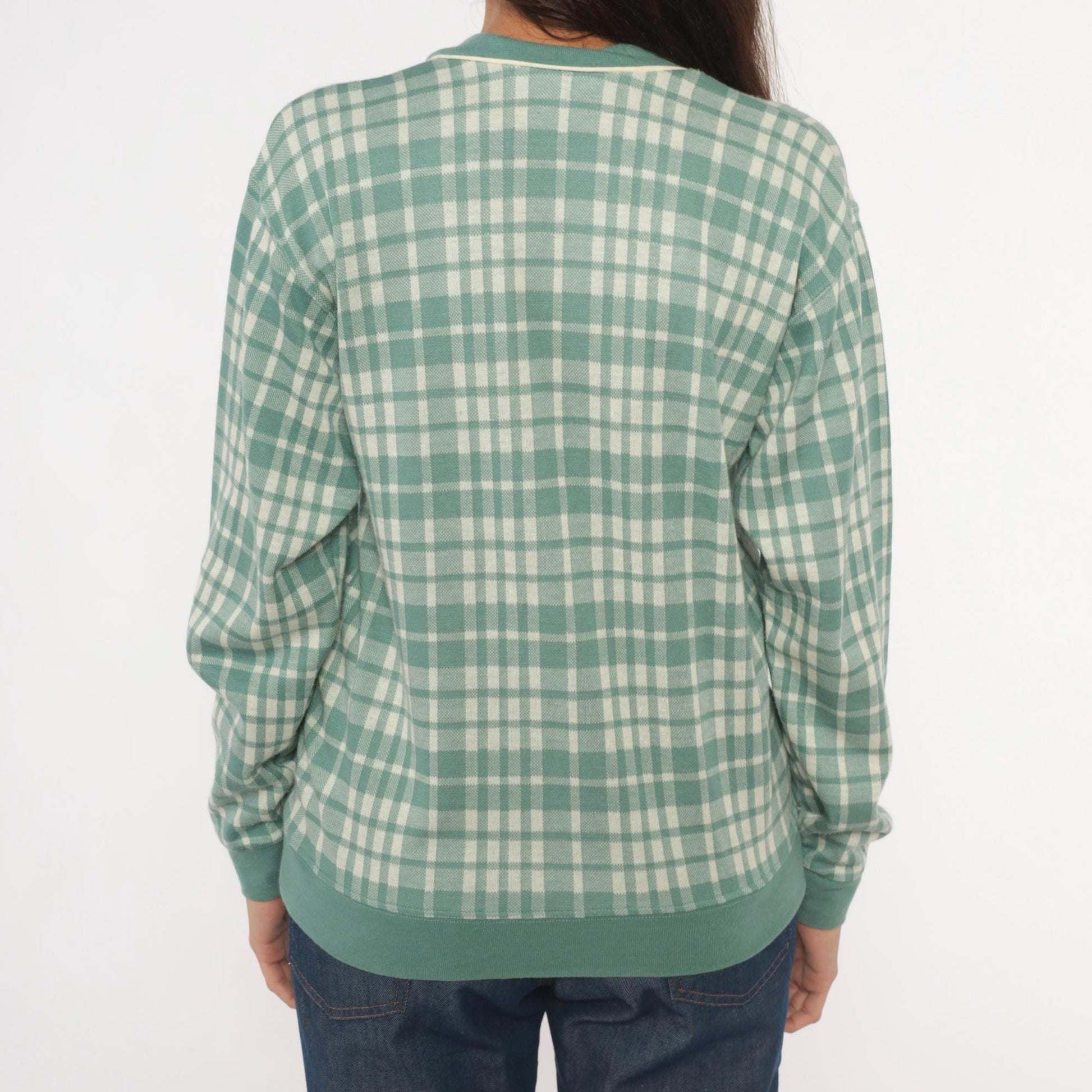 80s Cathy Daniels Green Plaid V-Neck Pullover Sage Ribbed Trim Small
