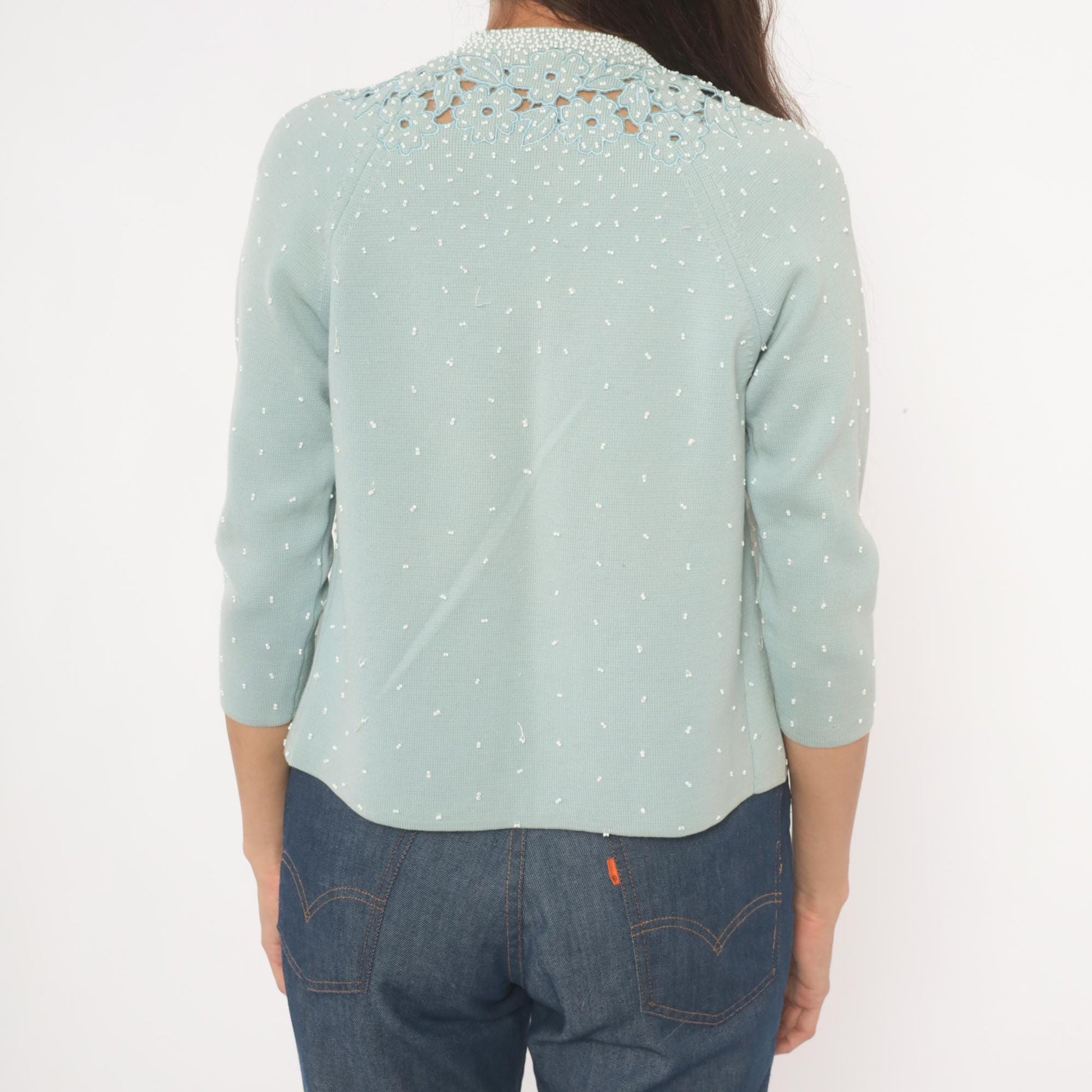 80s Miss Boutique Baby Blue Beaded Cardigan Cutwork Floral Knit Small