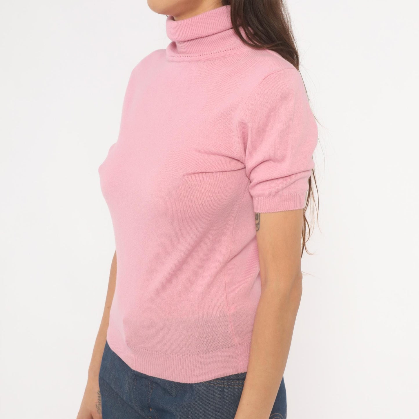 2000s Donna Gray Cashmere Turtleneck Pullover Pink Short Sleeve Small S