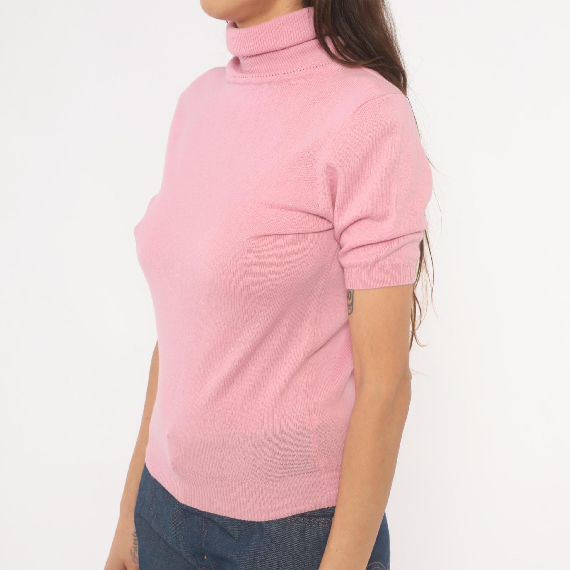 2000s Donna Gray Cashmere Turtleneck Pullover Pink Short Sleeve Small S