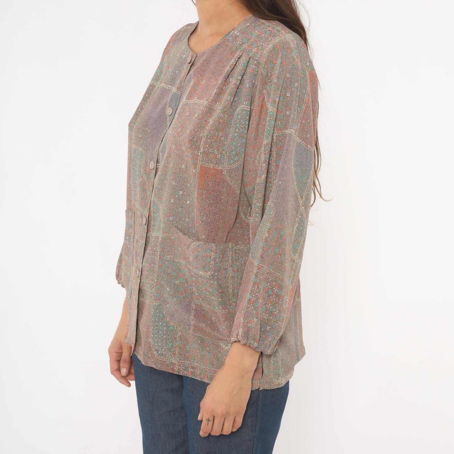 90s Patchwork Print Button-Front Blouse Grey Purple Geometric Large L